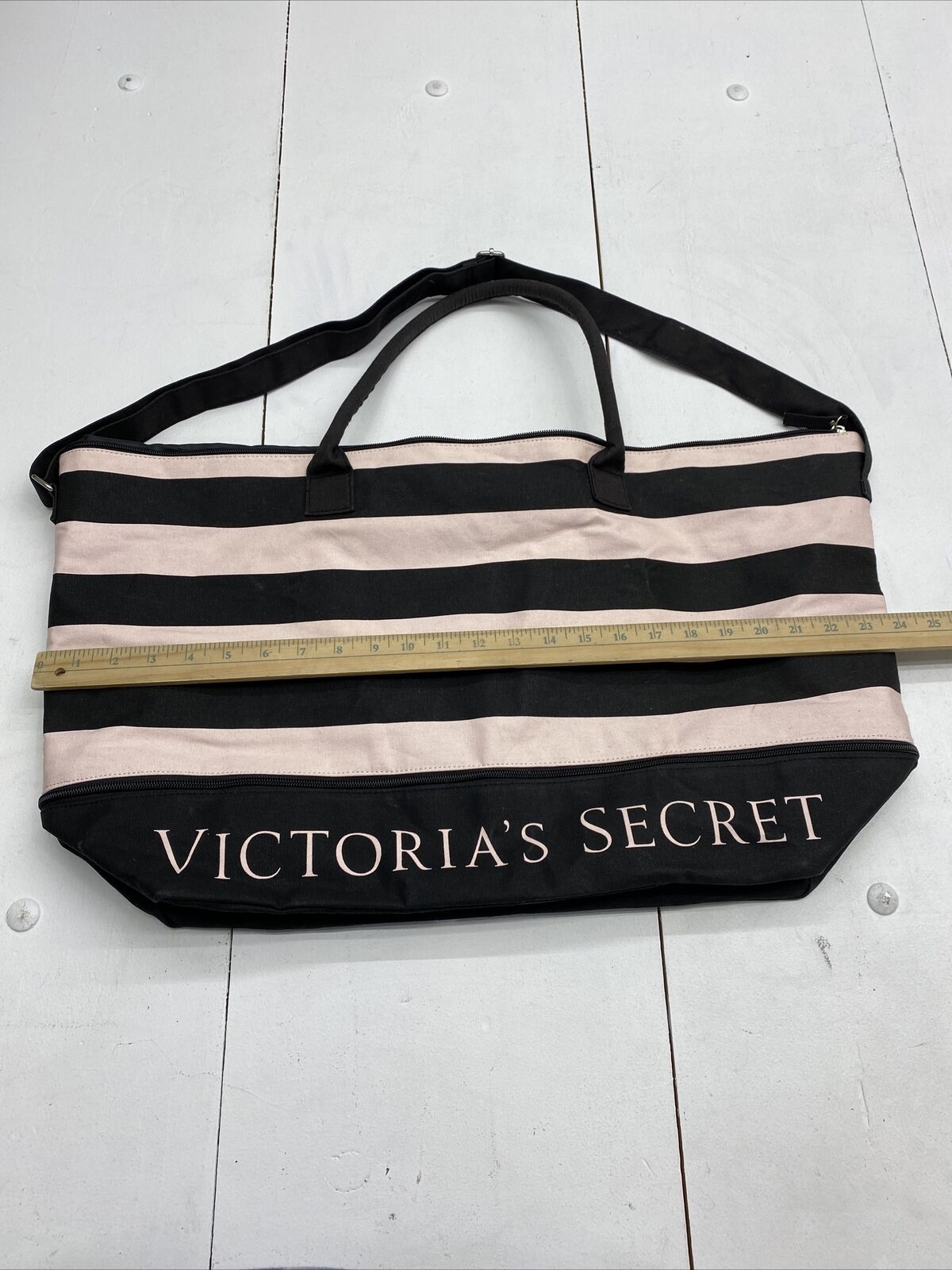 Zipper Top Black with Accent Stripe Poly Tote Bag 