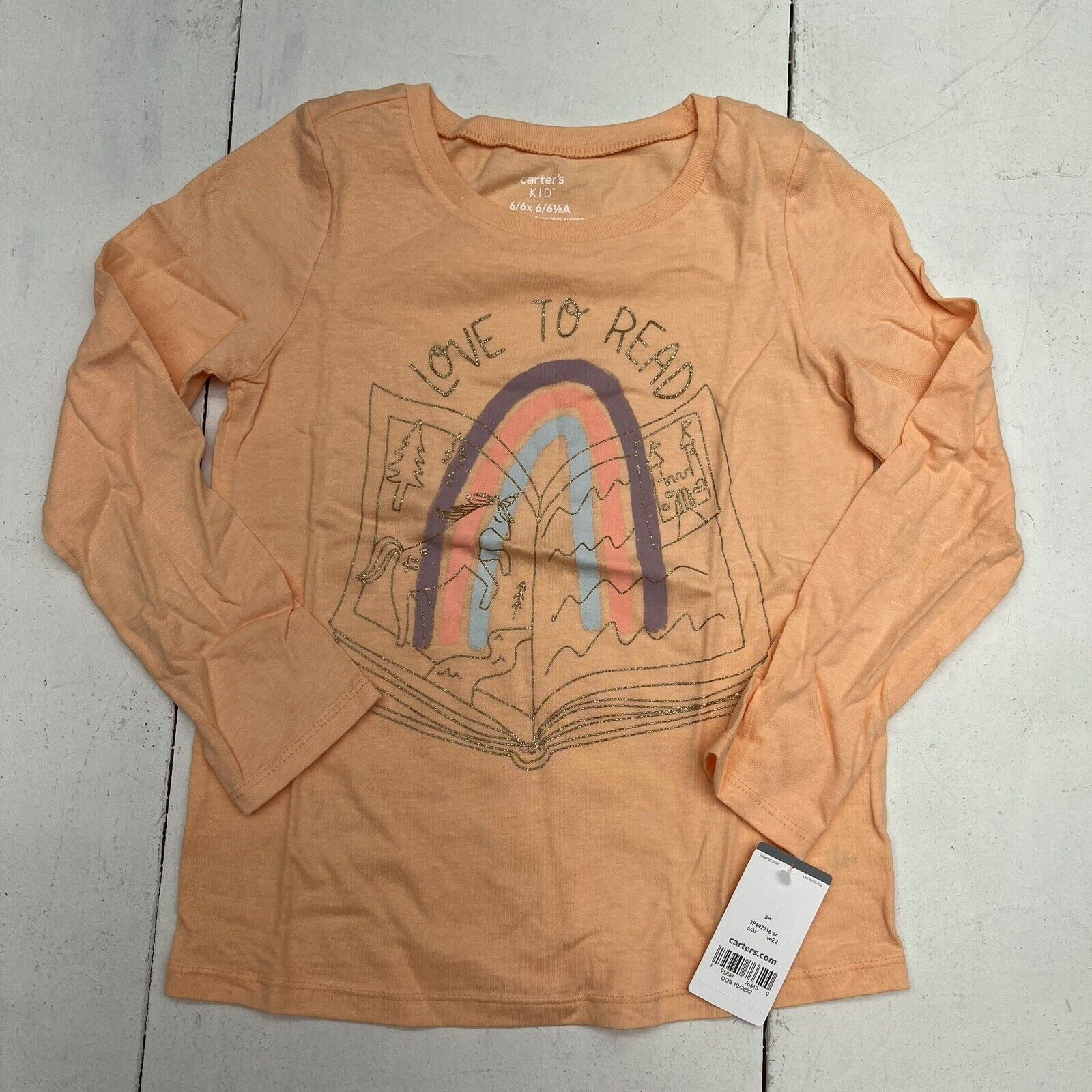 Carters Orange “love to read” Graphic Print Long Sleeve T-Shirt Girls Size 6 NEW