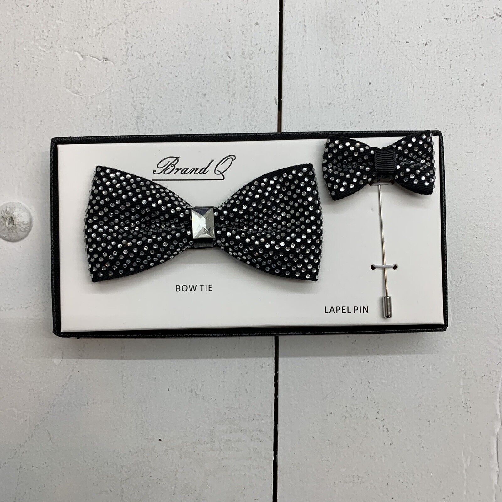 Brand Q Black Silver bow tie & Label Pin