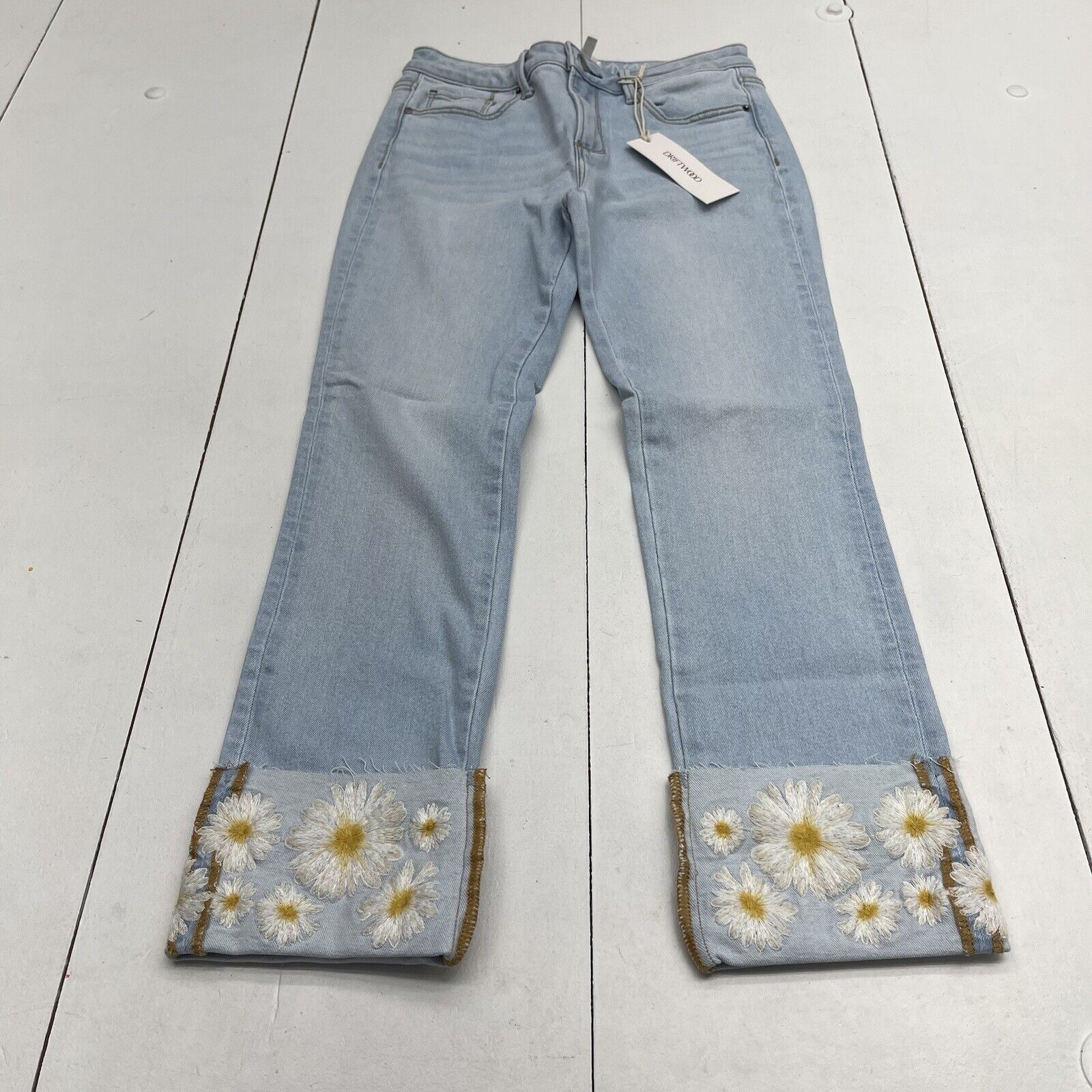 Driftwood Colette Light Blue Straight Leg Daisy Embroidered Jeans Women’s Size 2