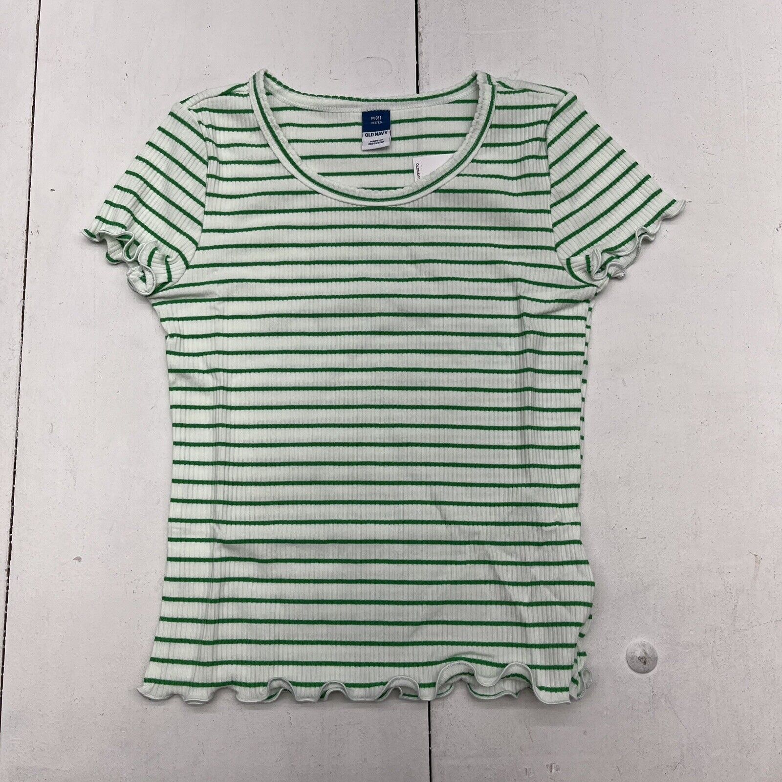 Old Navy White & Green Striped Rib-Knit T-Shirt Girls Size Medium (8) NEW