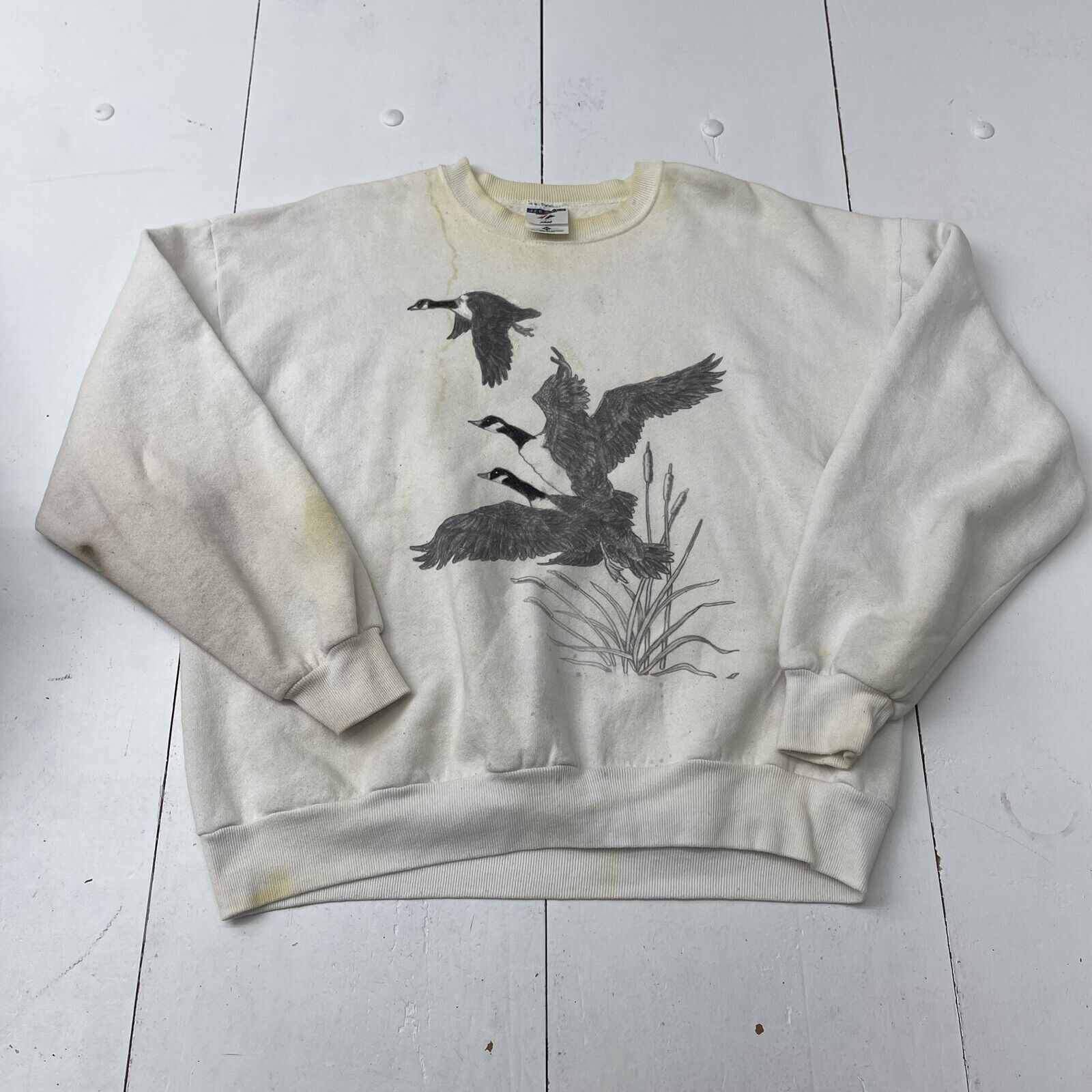 Vintage Jerzees White Geese Graphic Print Crewneck Sweater Mens Size XL
