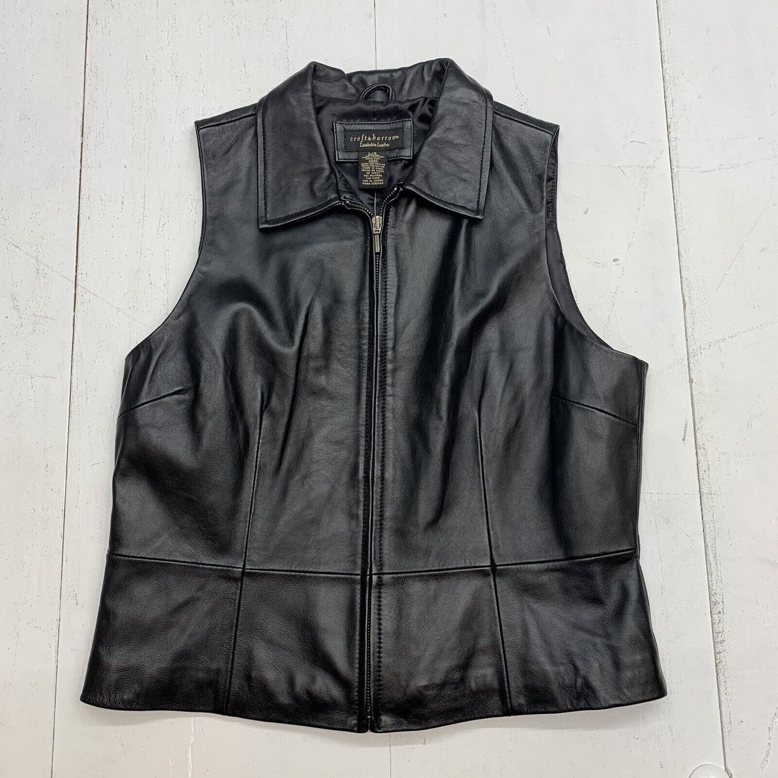 Croft & Barrow Womens Black Leather Sleeveless full zip Jacket size Large