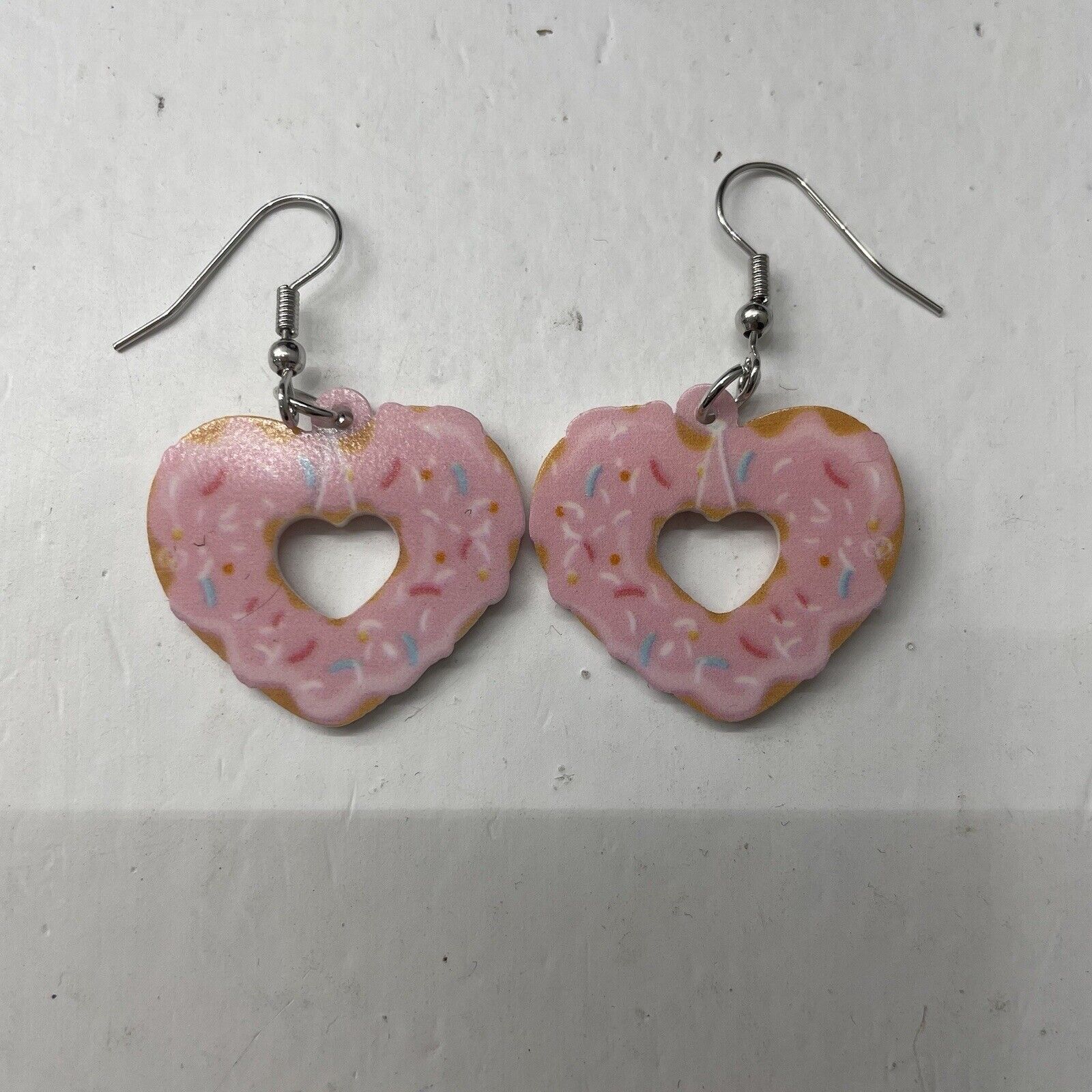 Doughnut Heart Drop Earrings Pink Sprinkles Silver Hardware Valentines NEW