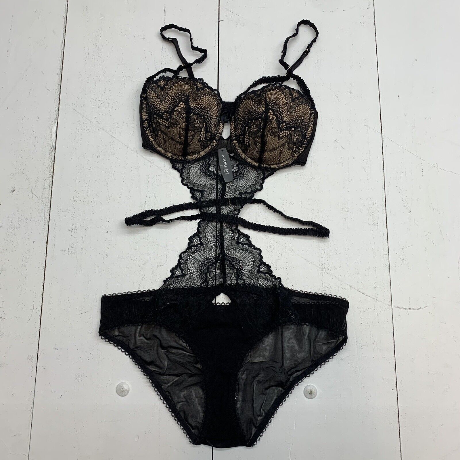 Adore Me Bodysuit Lingerie Black Nude Lace Ruffles Size XL - beyond exchange