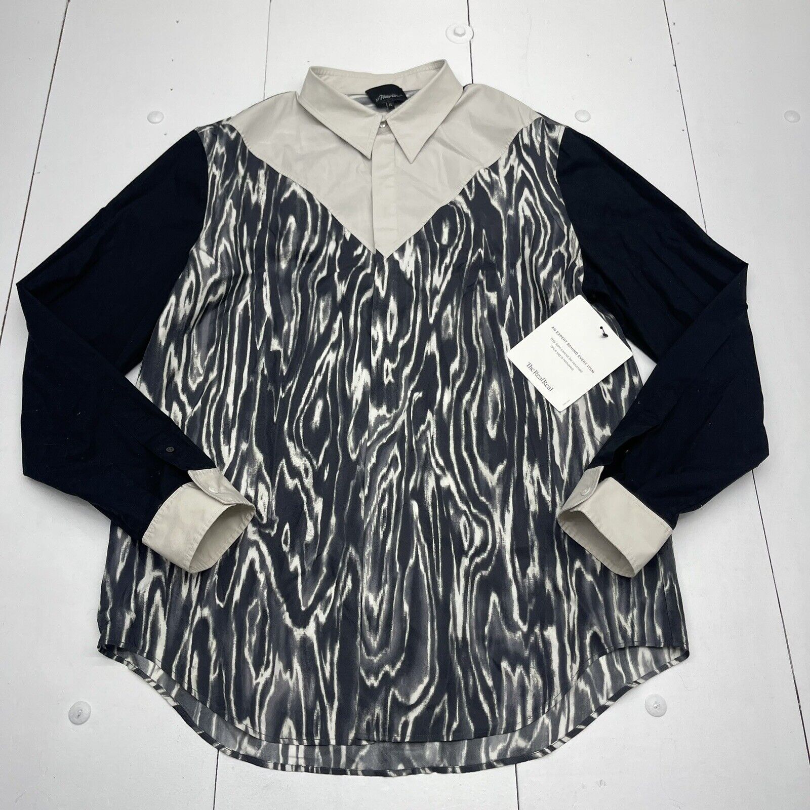 3.1 Phillip Lim Black & Light Grey Print Silk Cotton Long Sleeve Shirt Mens XL