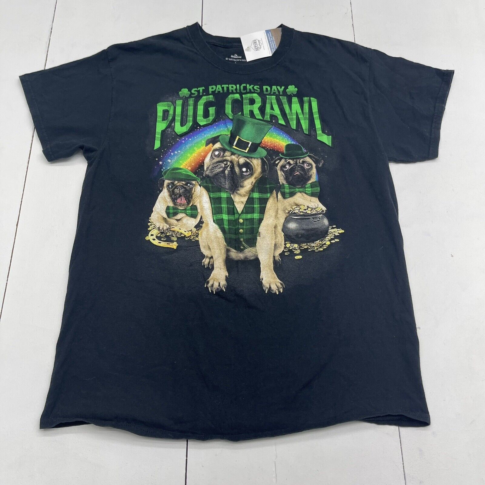 Way To Celebrate St Patrick’s Day Pug Crawl Black T Shirt Size Large