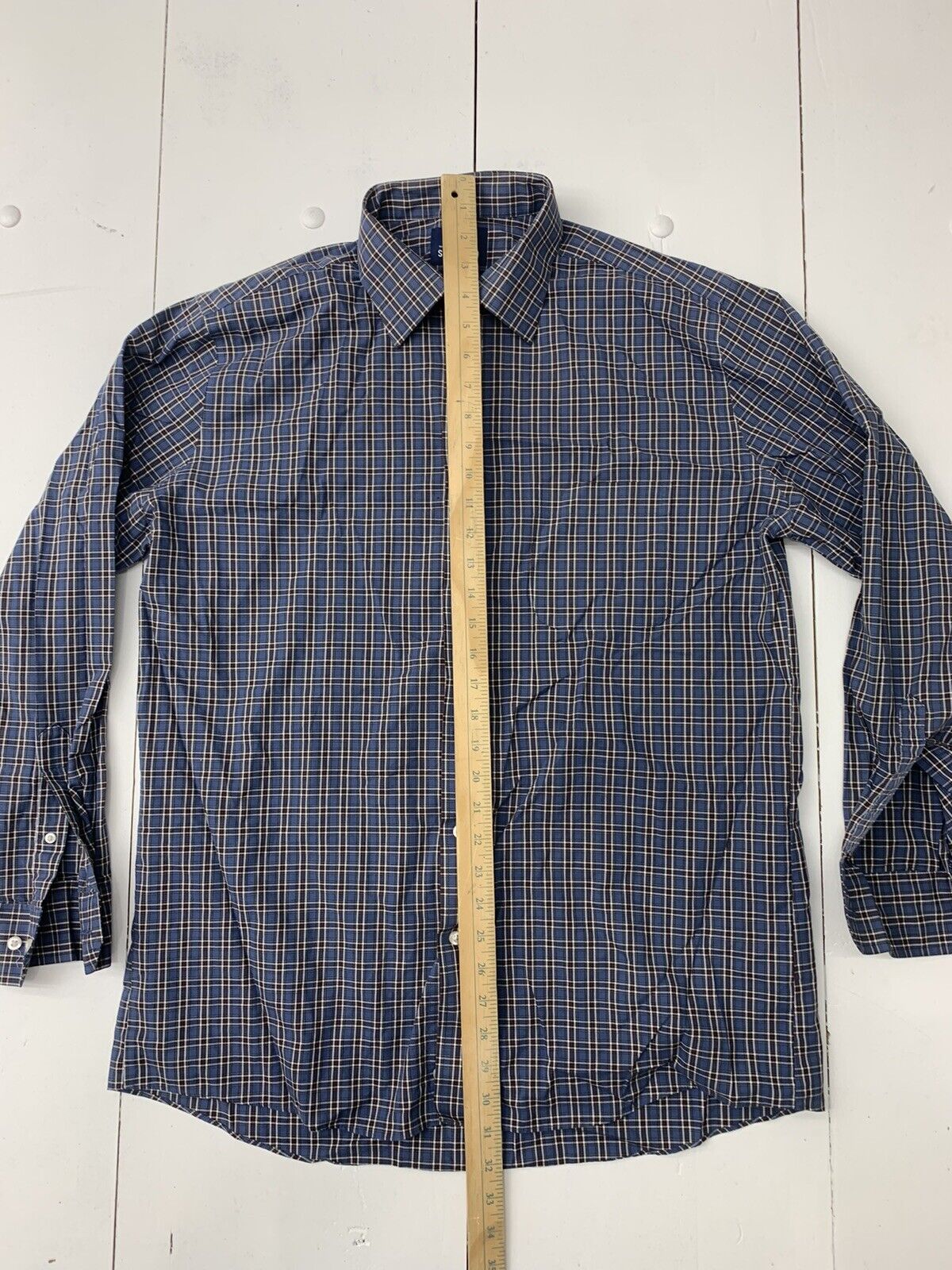 Stafford Mens Dark Blue Check Long Sleeve Button Up Size Large