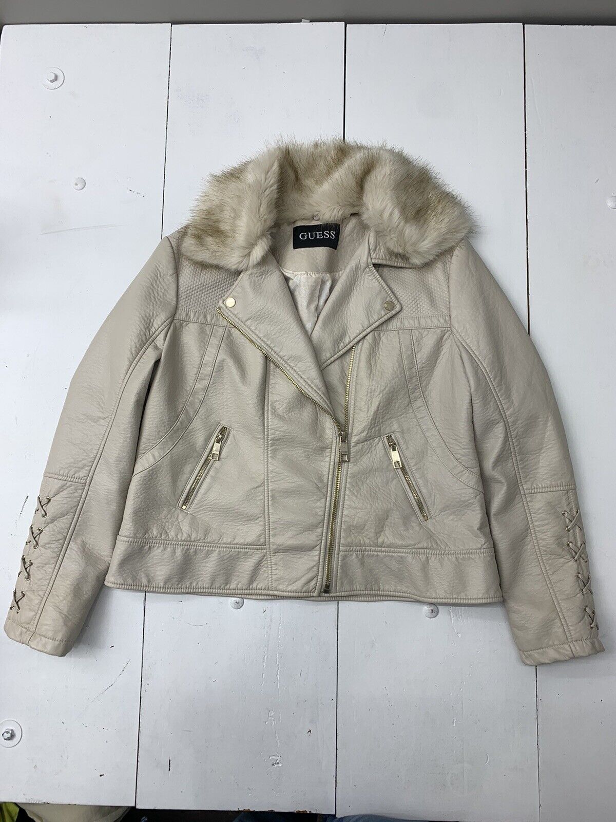 Guess Womens Ivory Faux Leather Fur Neck Coat Size Large