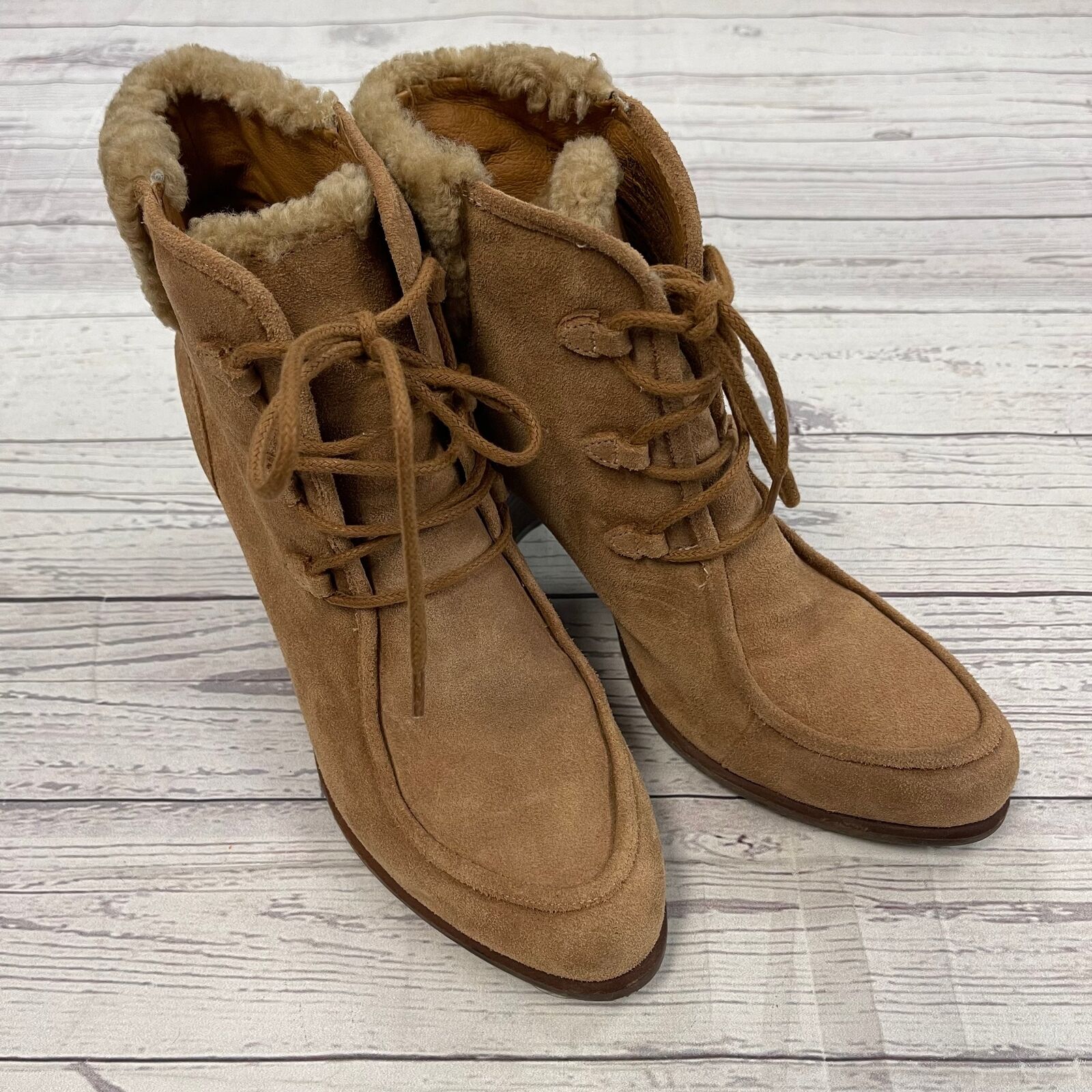 UGG Analise Lined Suede Sheepskin Chestnut Ankle Heel Boots Women’s Size 11