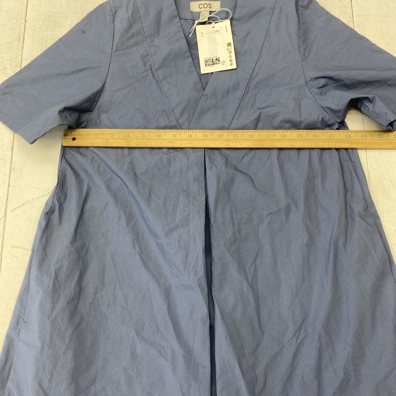 COS Blue Pleated V-Neck Dress With Pockets Women's Size 2 New