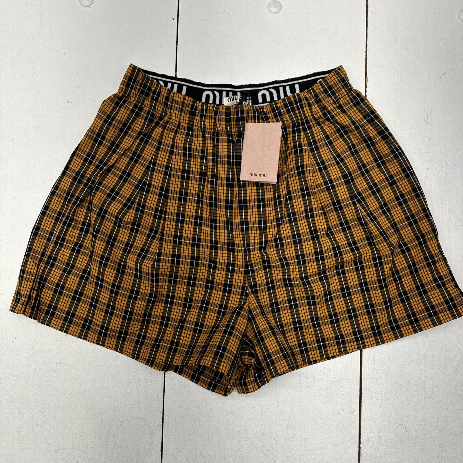 Miu Miu Spring-Summer 2021 Yellow Black Checks Shorts High Waist Women’s Size L