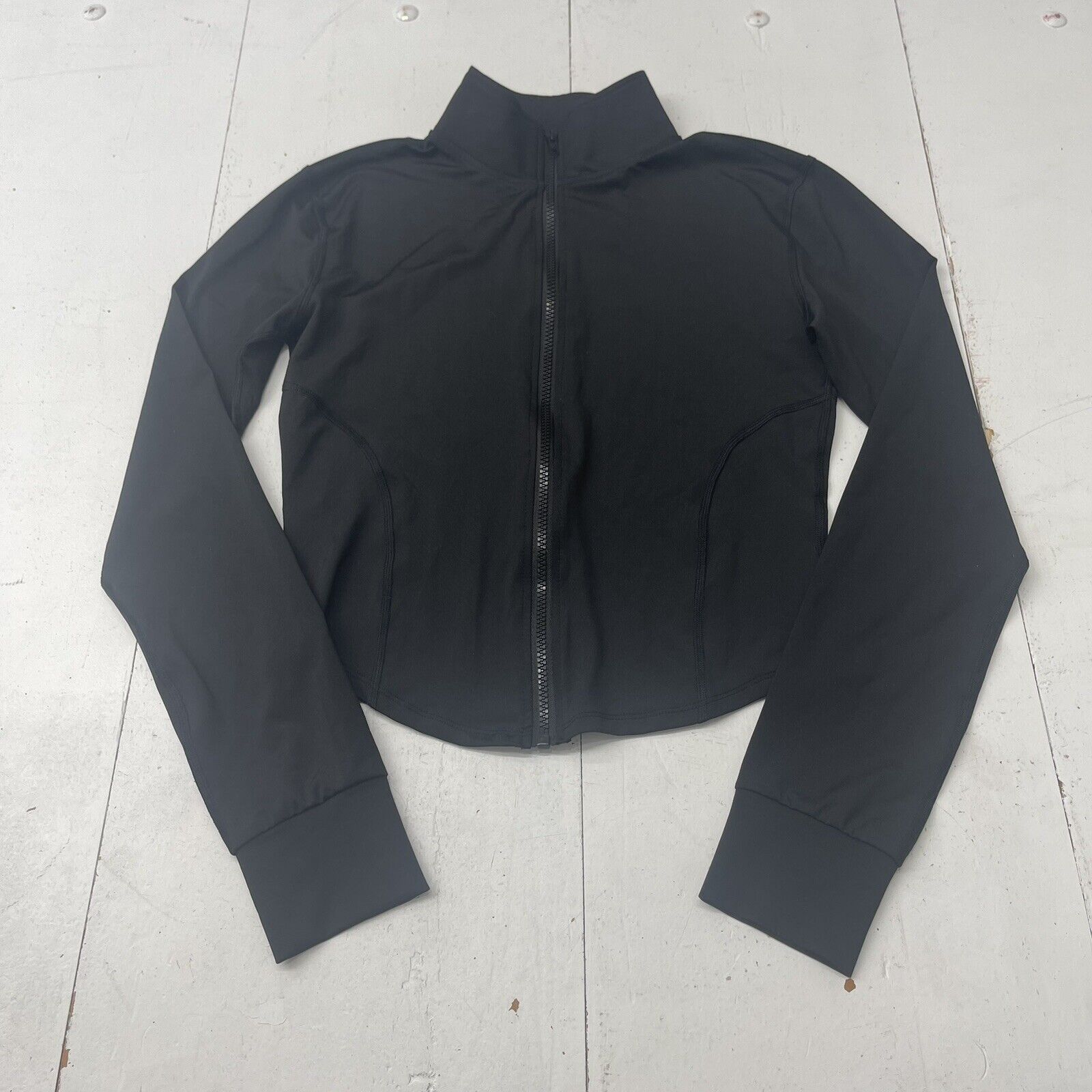Fashion Black Crop Thumbhole Long Sleeve Zip Up Jacket Women’s Large