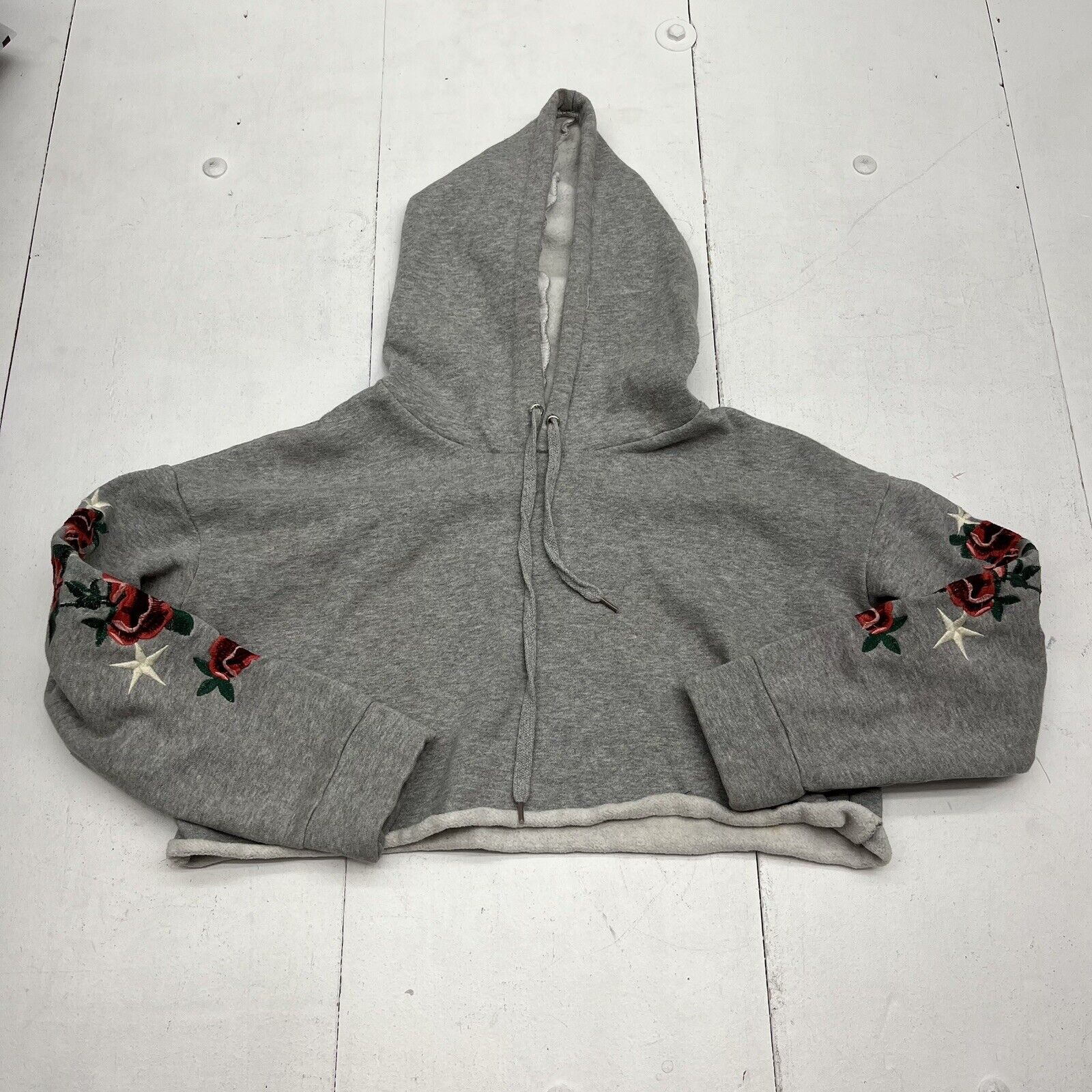 XZWM Woman Gray Cropped Flower Embroidered Hoodie Women’s Size Small