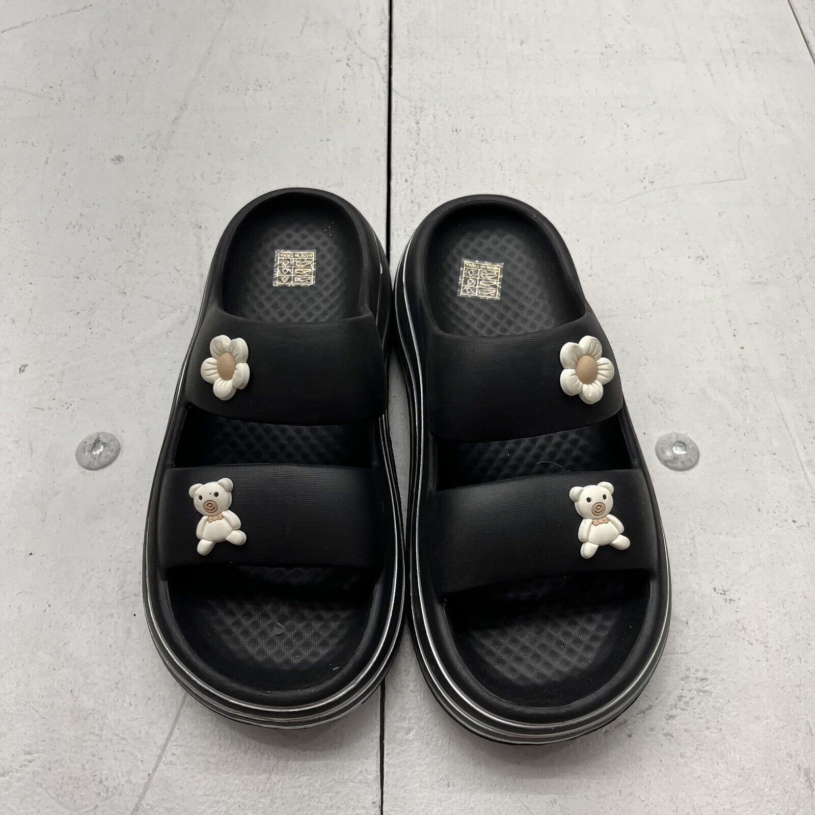 Black With Silver Trim Platform Slides With Charms Womens Size 7 NEW
