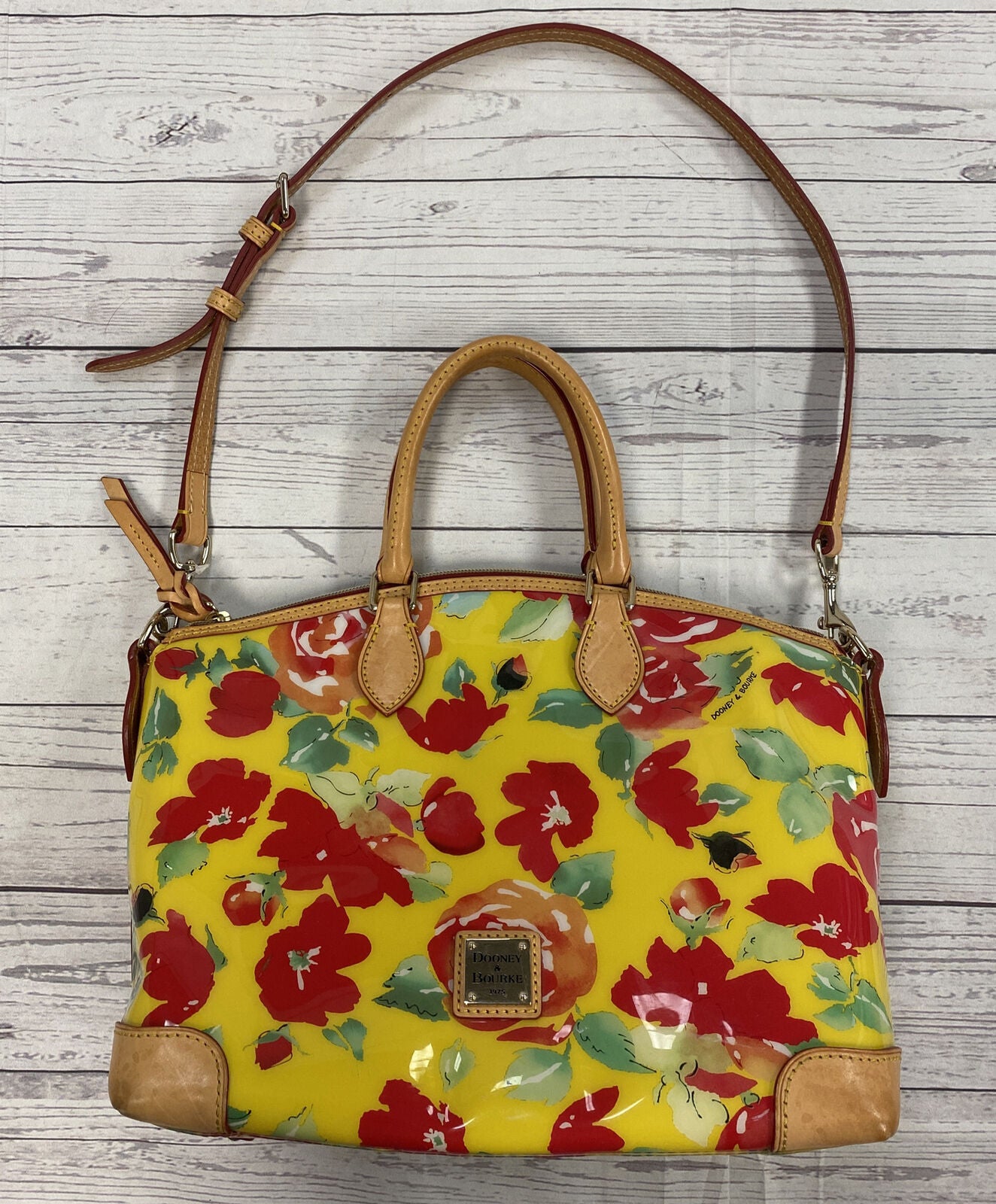 DOONEY & BOURKE Yellow PVC Multi Floral Satchel Shoulder Bag Leather Trim*