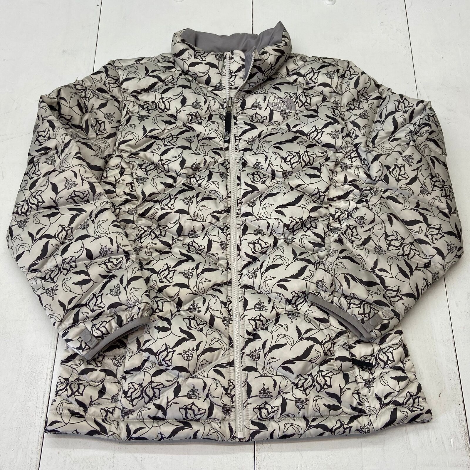 North Face Black White Floral Print Zip Up Jacket Youth Girls Size XL 18