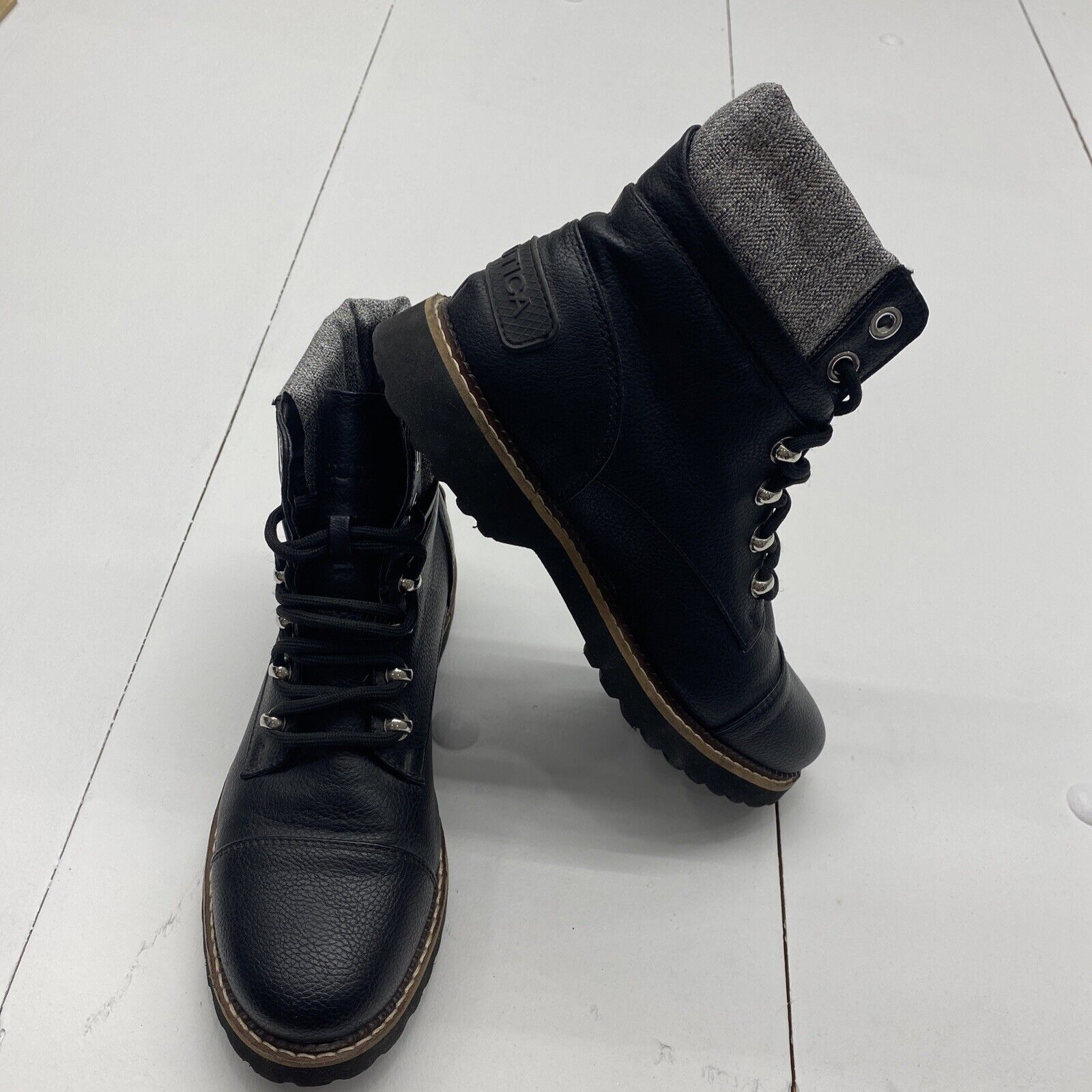 Nautica Faylene Black Faux Leather Cap Toe Lace Up Boots Women's