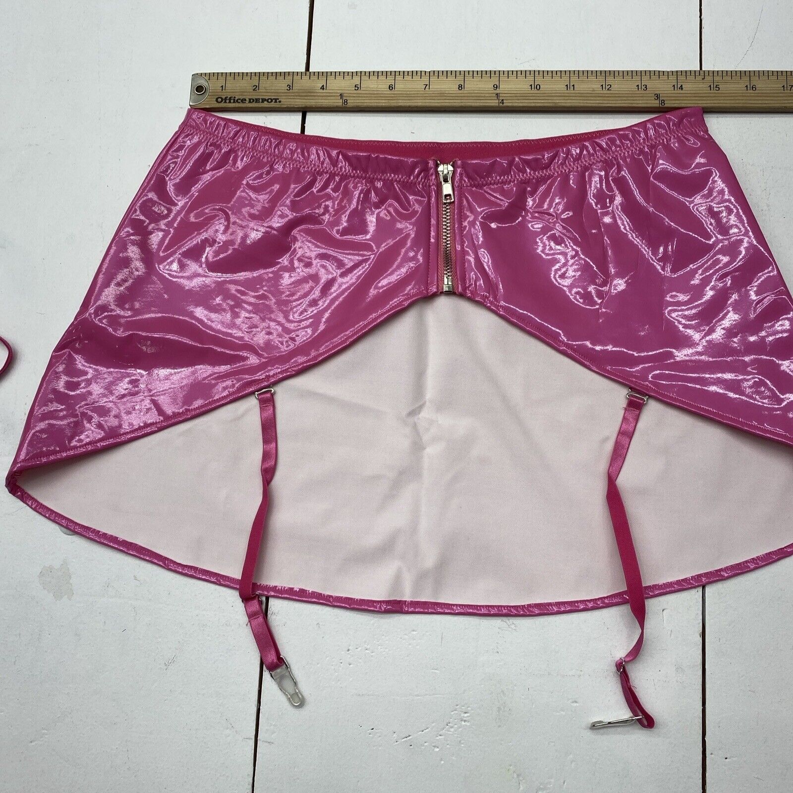 Foxzone Sexy Pink Faux Leather Lingerie 3 Piece Set Bra Panty