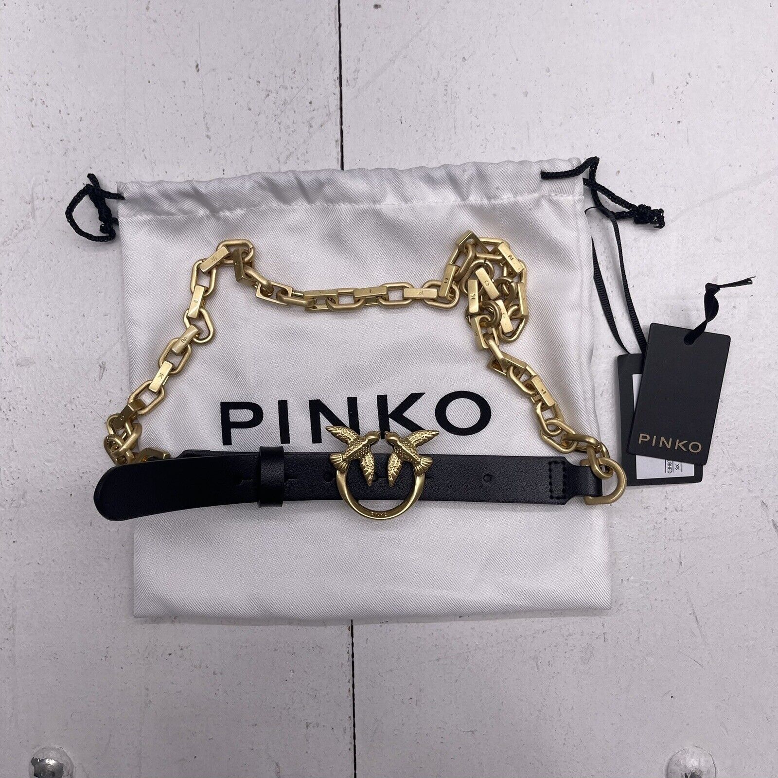 Pinko Day Simply Belt Black & Gold Bird Buckle Women’s Size XS New $148