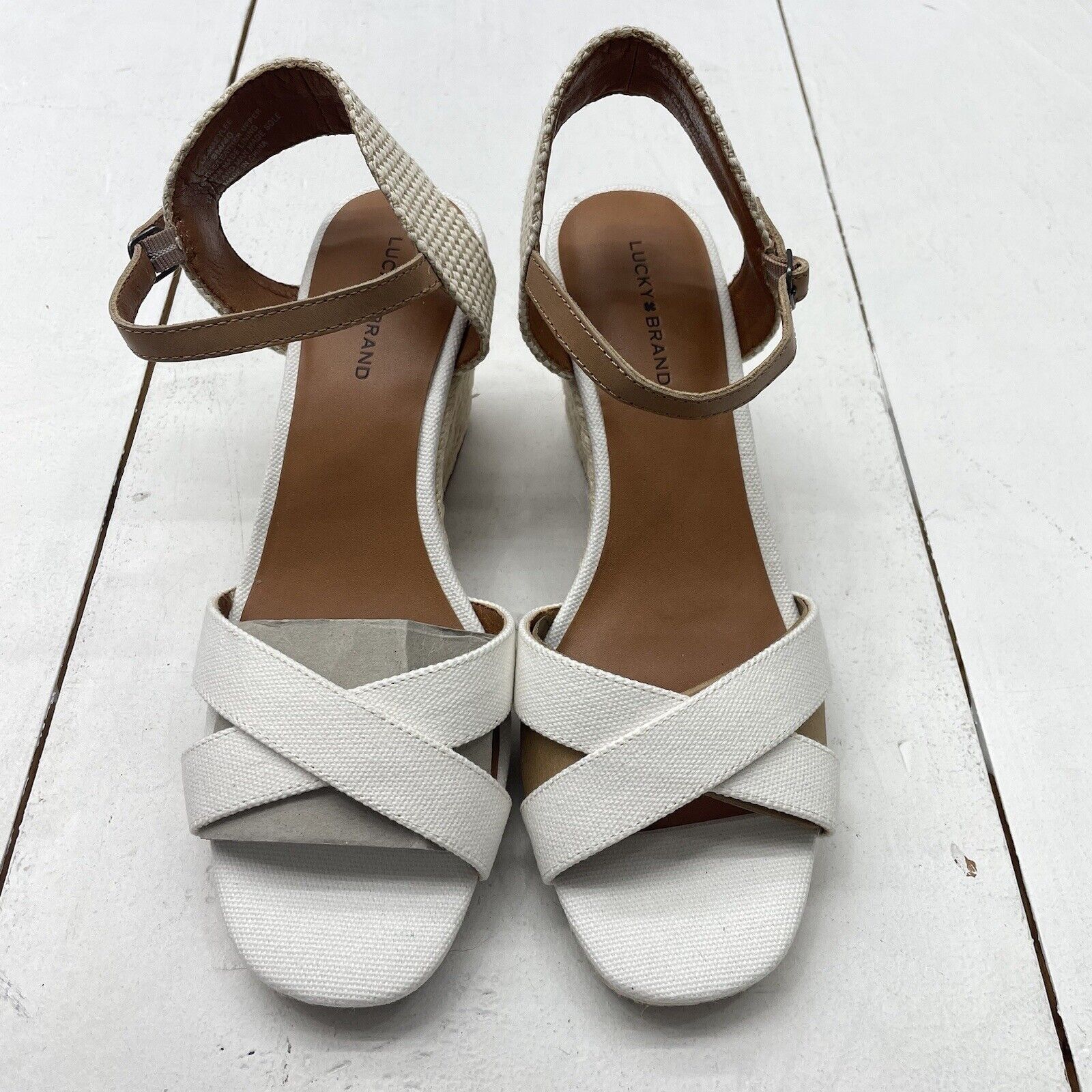 Lucky Brand White Beige Linen Maeylee Wedge Sandals Womens Size 9 NEW -  beyond exchange