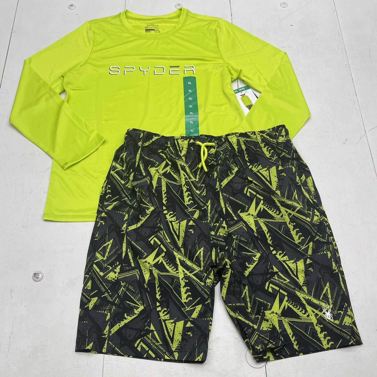 Spyder Green 2 Piece Swim Shirt & Short Set Youth Boys Size XL New