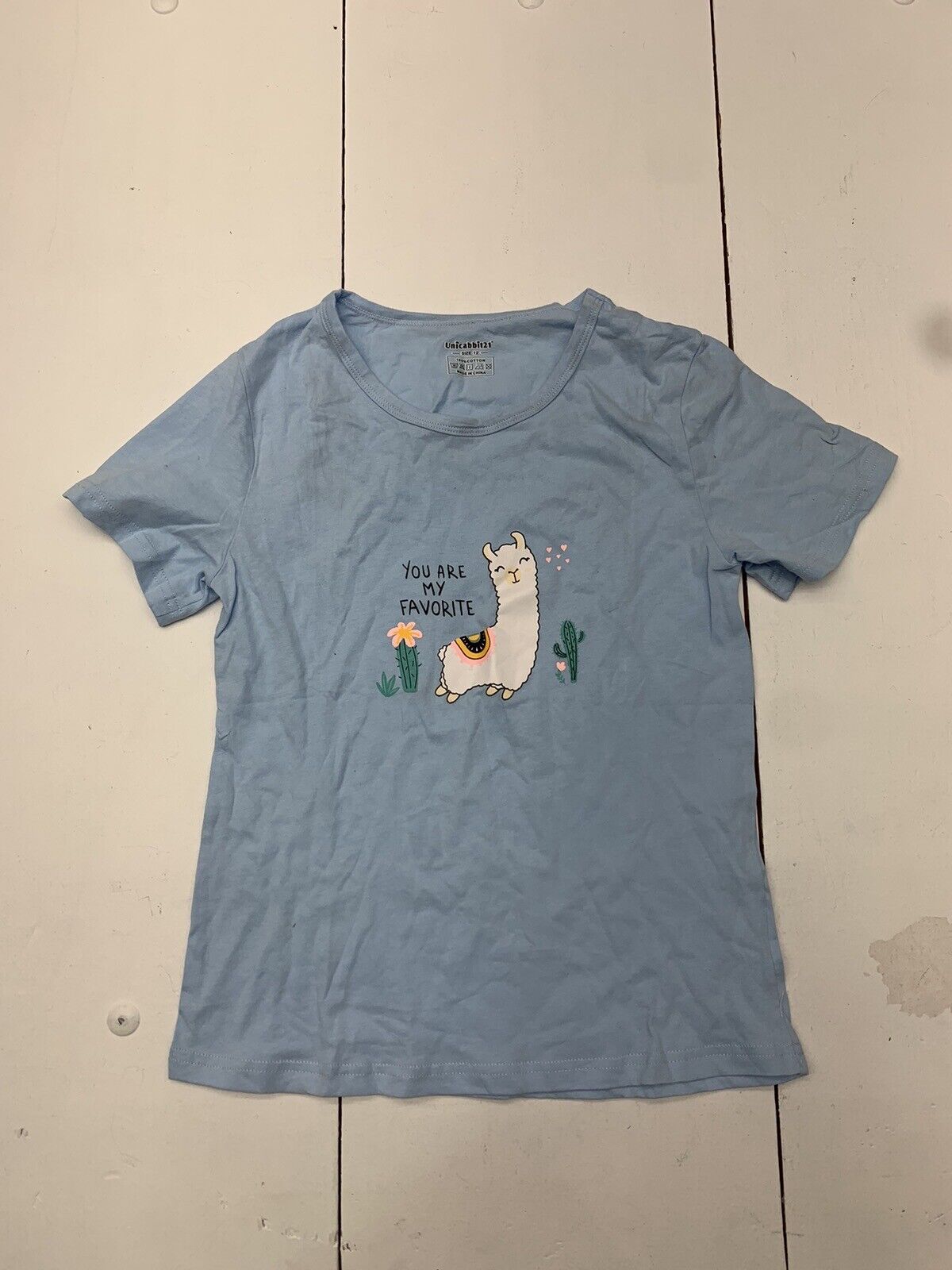 Girls Blue Llama Graphic Short Sleeve Shirt Size 12