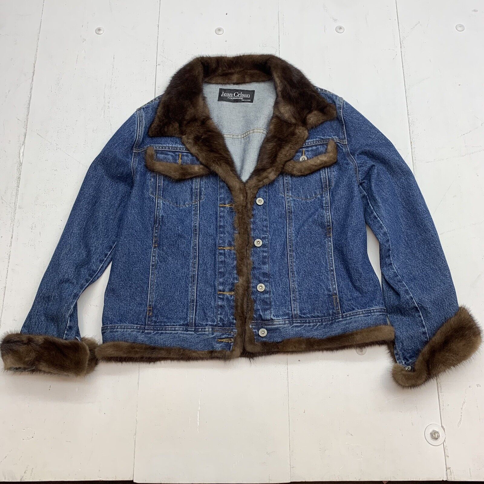 Jean Crisan Denim Fur Lined Collar And Cuffs ￼Button Up Jacket Women’s Size XL