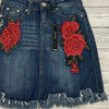 Grace Blue Denim Jean Skirt Red Embroidered Roses Woman’s Size S NEW