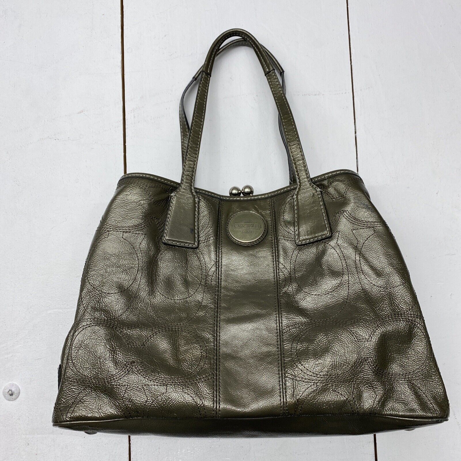 Coach Bag Leather Handbag Tote F15658 Kisslock Green Olive Bronze*