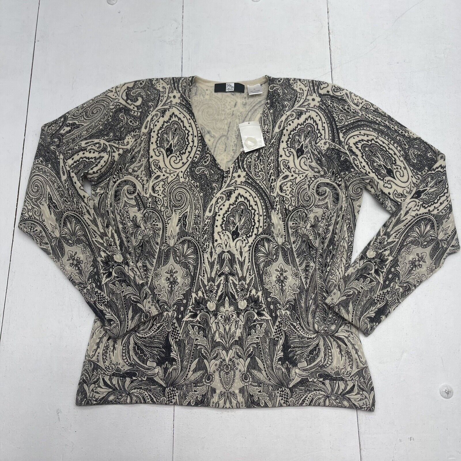 Saks Fifth Avenue Ivory Black Entro Print V Neck Cashmere Sweater Women’s XL New