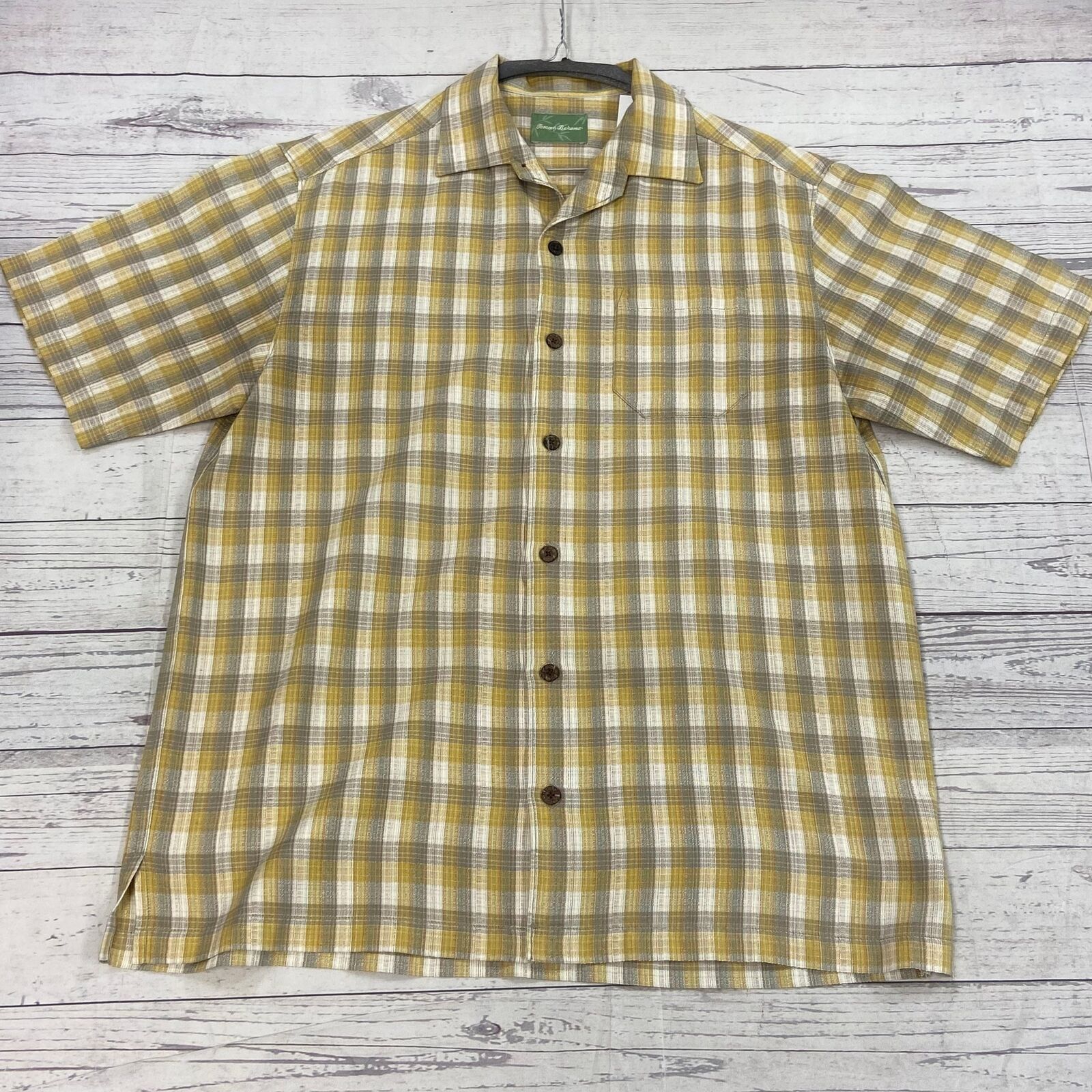 Tommy Bahama Yellow Plaid Button Up Short Sleeve Silk Shirt Men Size M