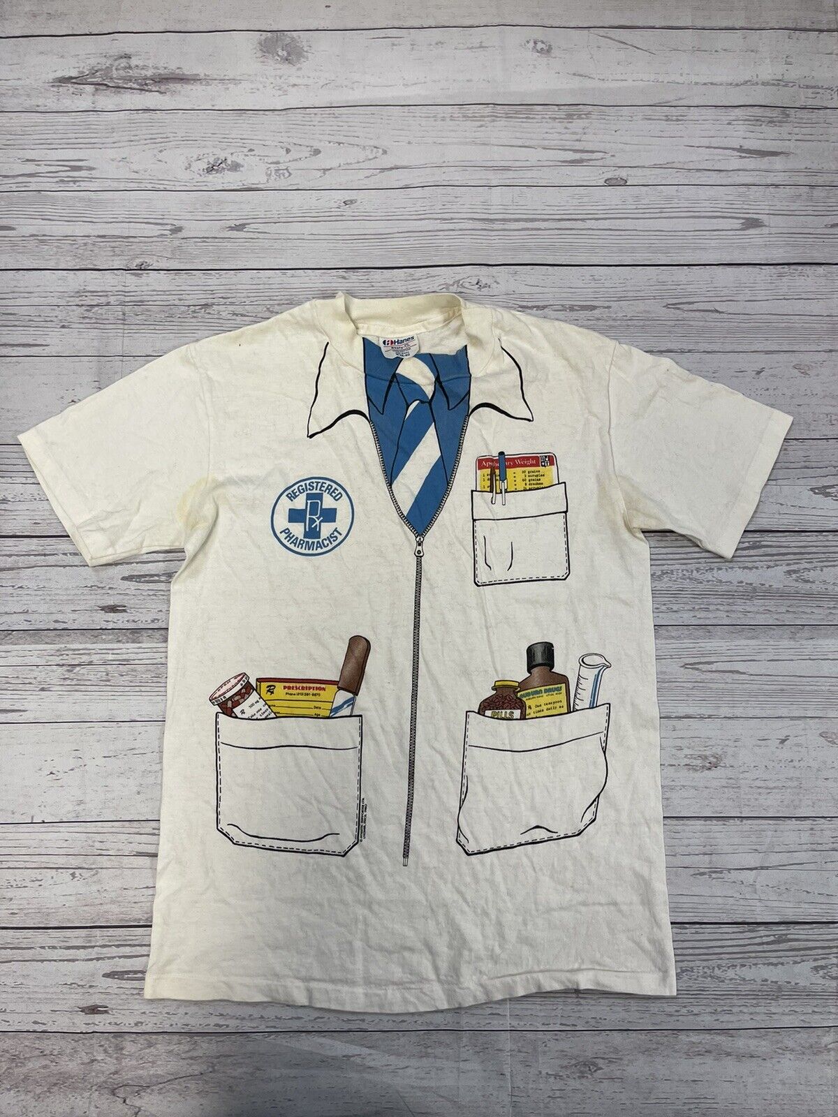 Vintage 80s Hanes White REGISTERED PHARMACIST Single Stitch T Shirt Size Medium*