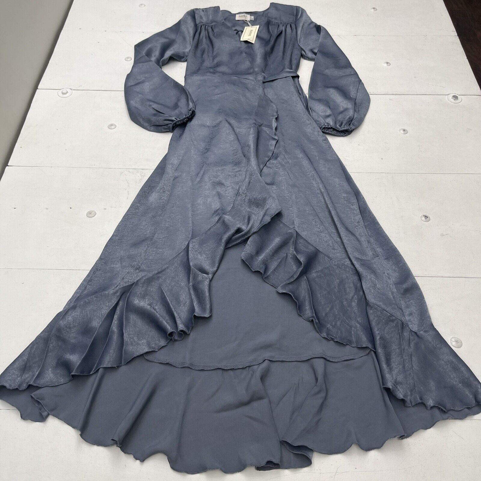 Flounce London Satin Long Sleeve Wrap Maxi Dress Charcoal Blue Women's -  beyond exchange