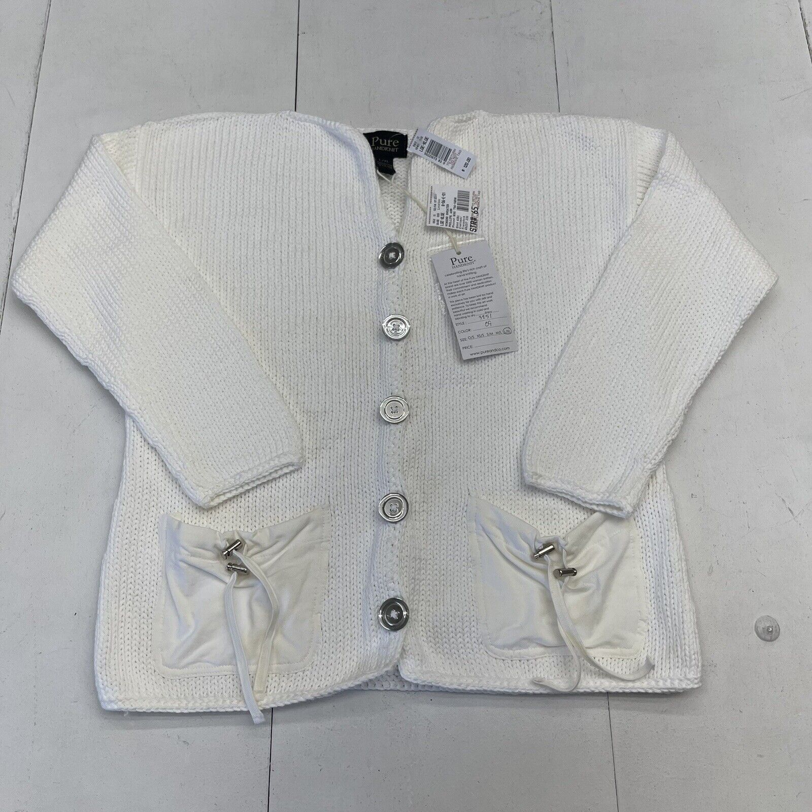 Pure Handknit White Cotton Button Front Sweater Women’s L/XL New