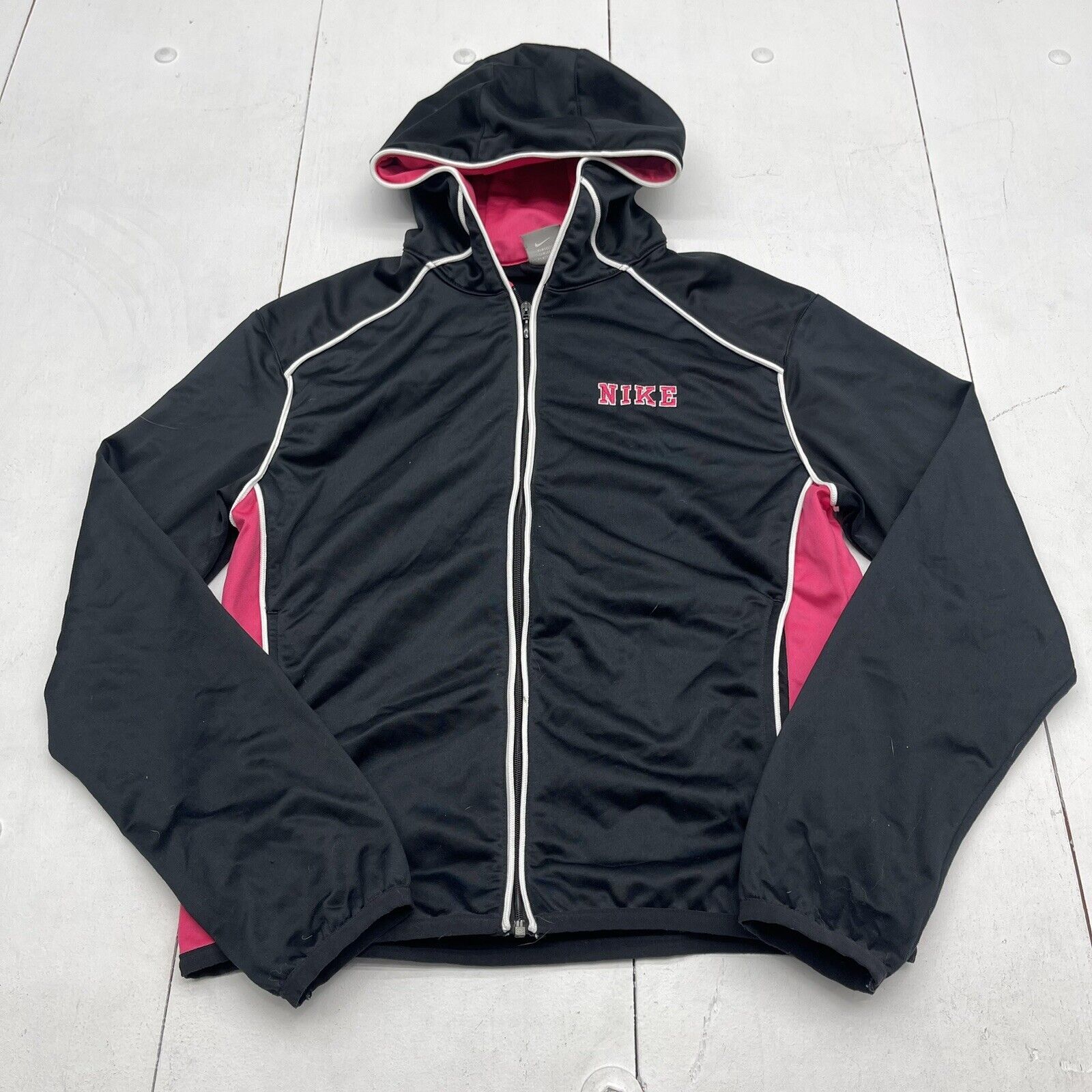 Nike Black Satin Embroidered Logo Zip Up Jacket Women’s Size Large