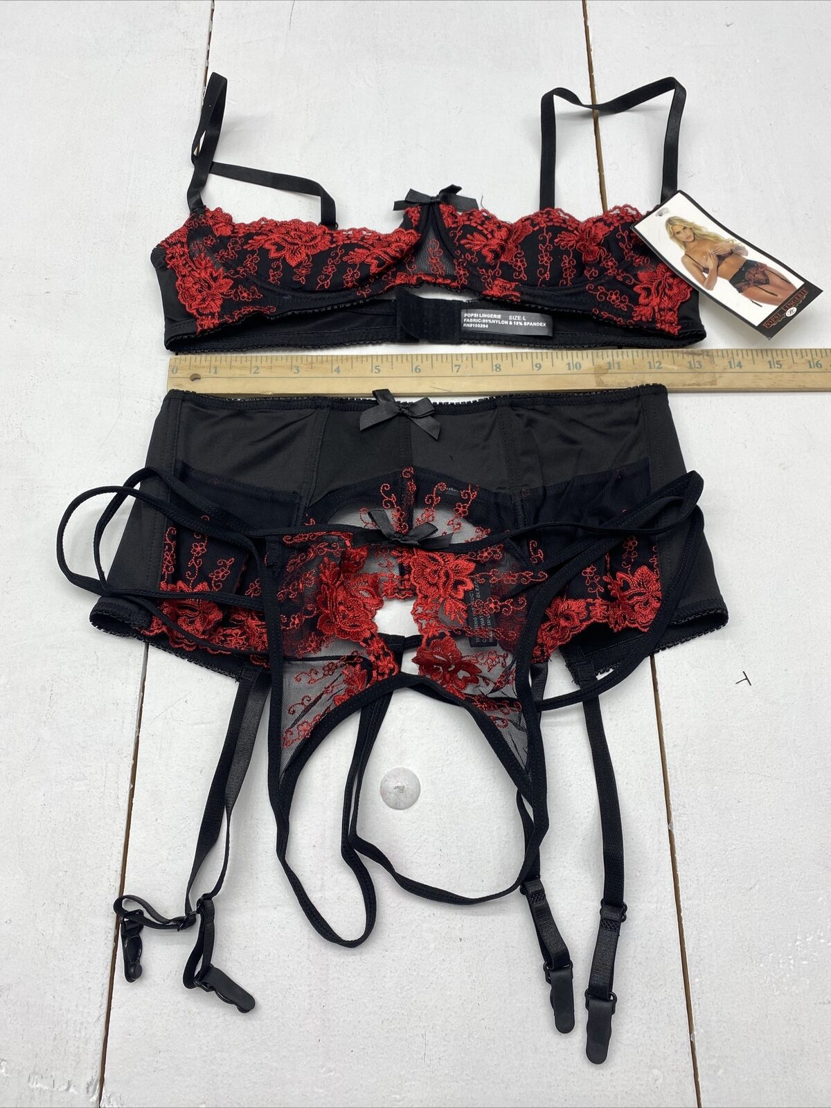 Popsi Lingerie Black/Red Bra Garter Belt Panty 3pc Set Size Large