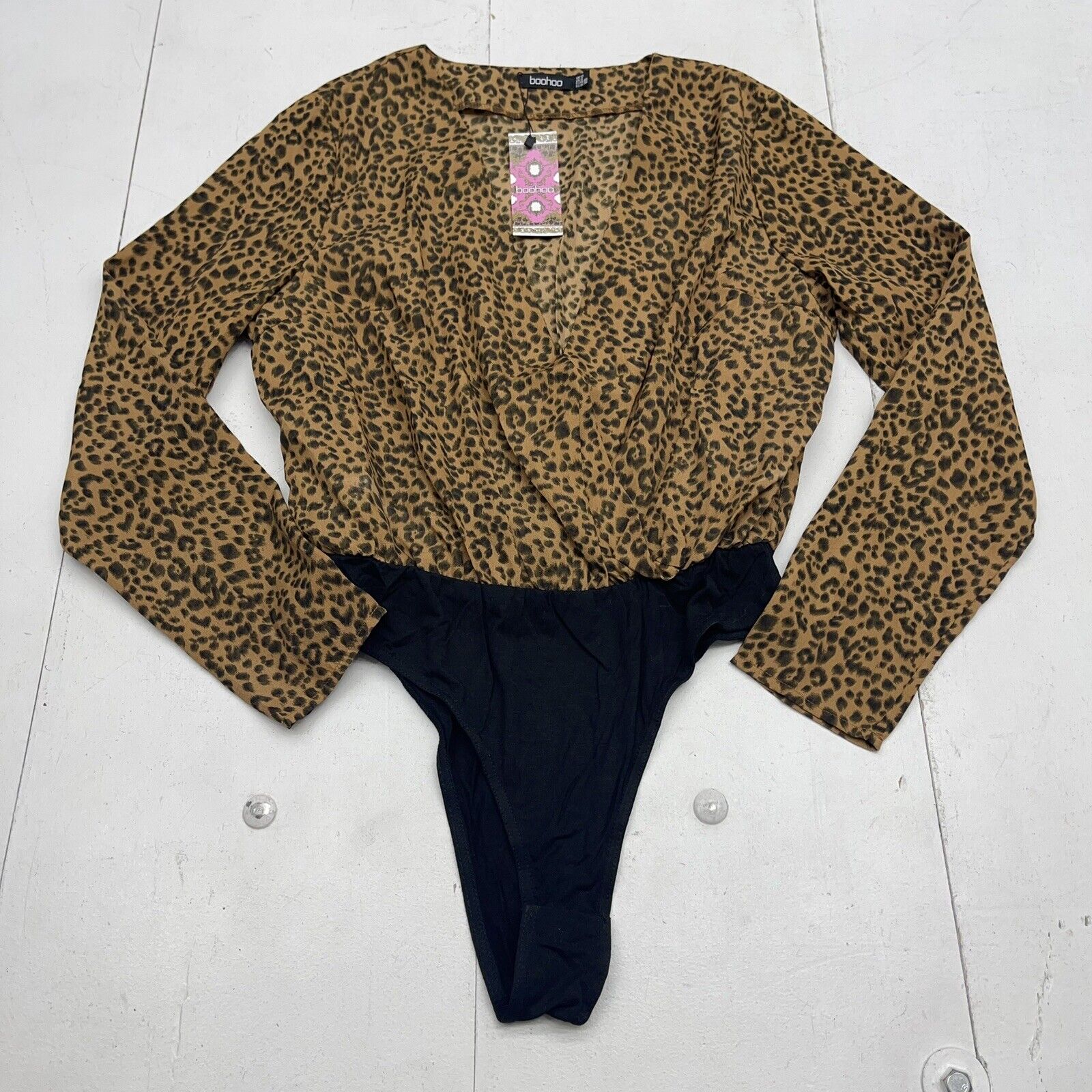 Boohoo Brown Leopard Print Wrap Bodysuit Women's Size 8 New