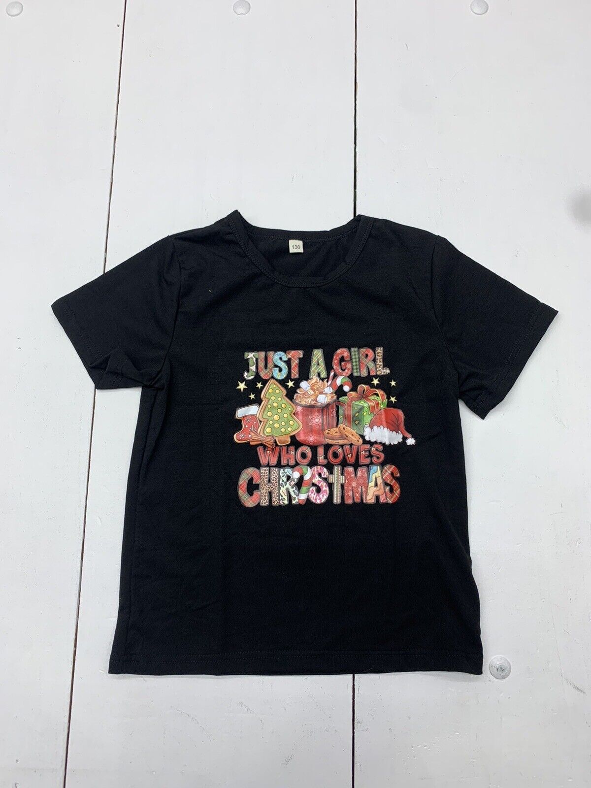 Girls Black Christmas Graphic Short Sleeve Shirt Size Medium