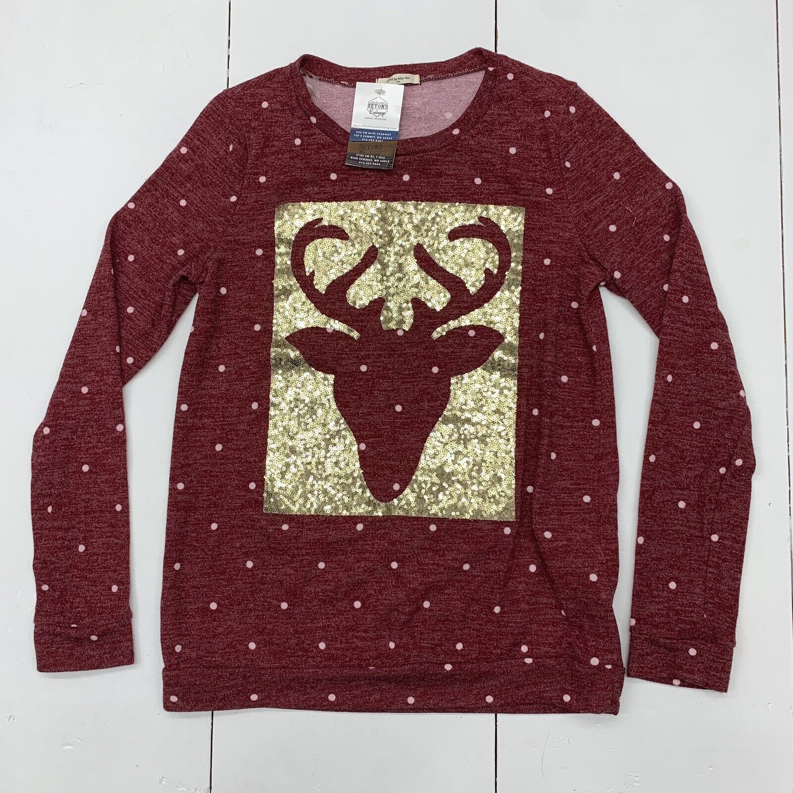 12 pm by mon ami Girls Red Sequined reindeer graphic Long Sleeve Size medium