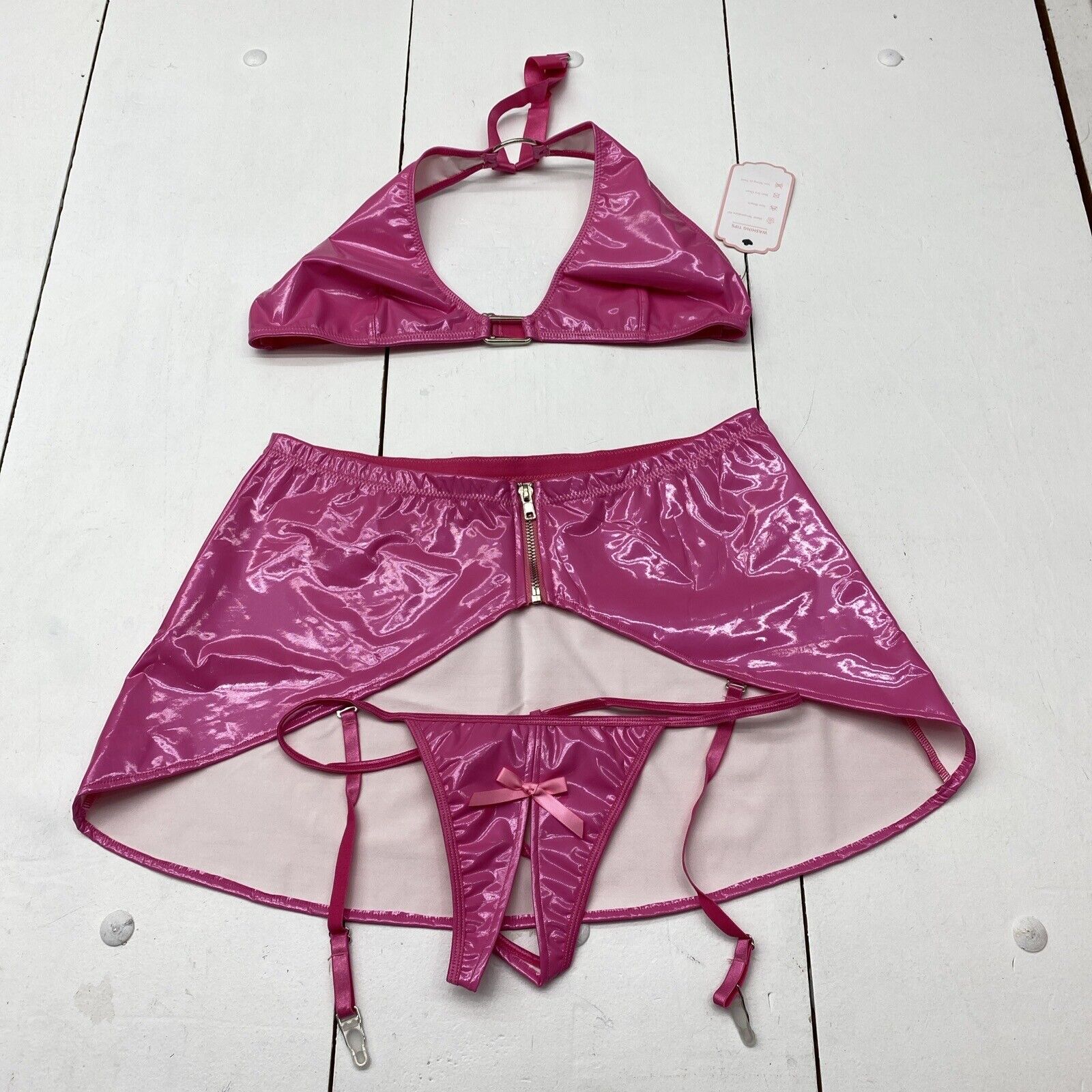 Foxzone Sexy Pink Faux Leather Lingerie 3 Piece Set Bra Panty