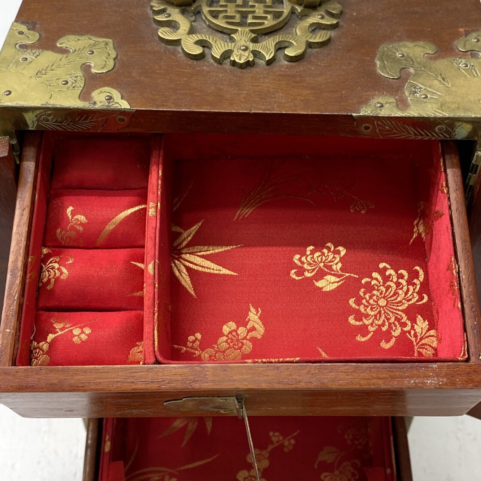 Beautiful Vintage Chinese Wooden Red Leather Bound Jewelry Box-Hardware!  Clean++