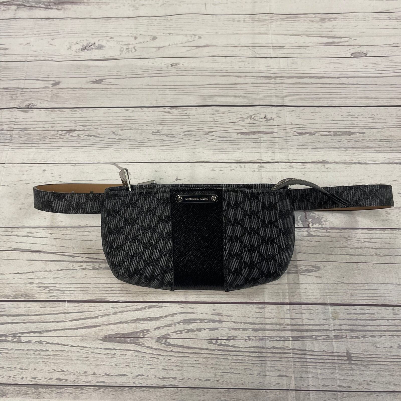 Michael Kors Black Grey Signature Logo Leather Fanny Pack Belt