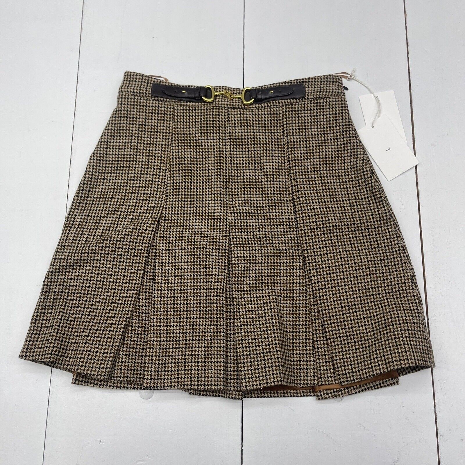 Harris Tweed Brown Houndstooth Pleated Skirt Women’s Size 42 New