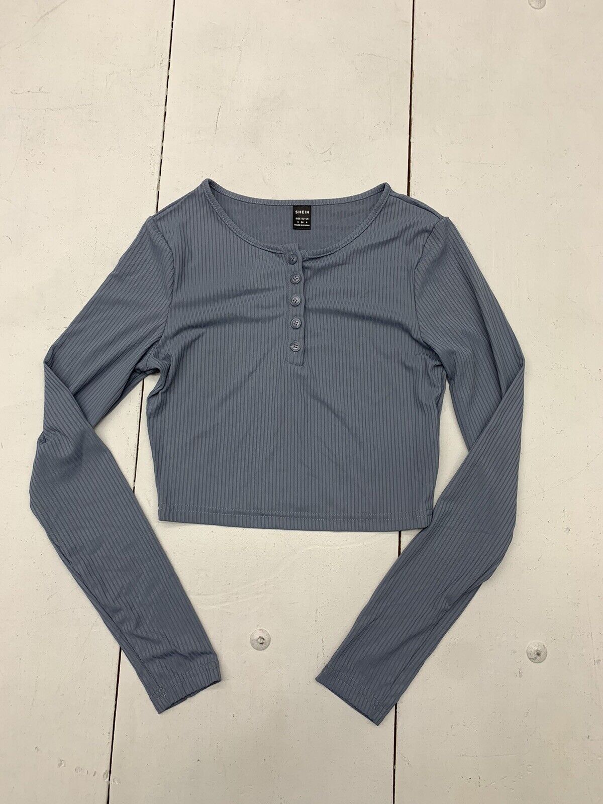 Shein Womens Grey/Blue Cropped Long Sleeve Shirt Size Small