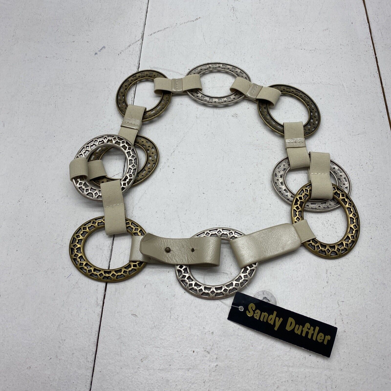 Sandy Duftler 6474 Gold/Silver Tone Chain Cream Leather Elastic Belt Size Large