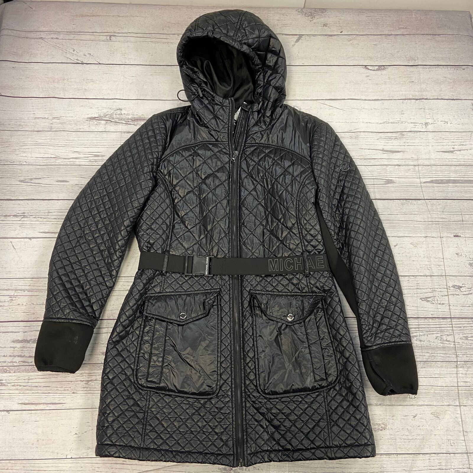 Michael Kors Black Long Quilted Hooded Puffy Jacket With Belt Women Size L