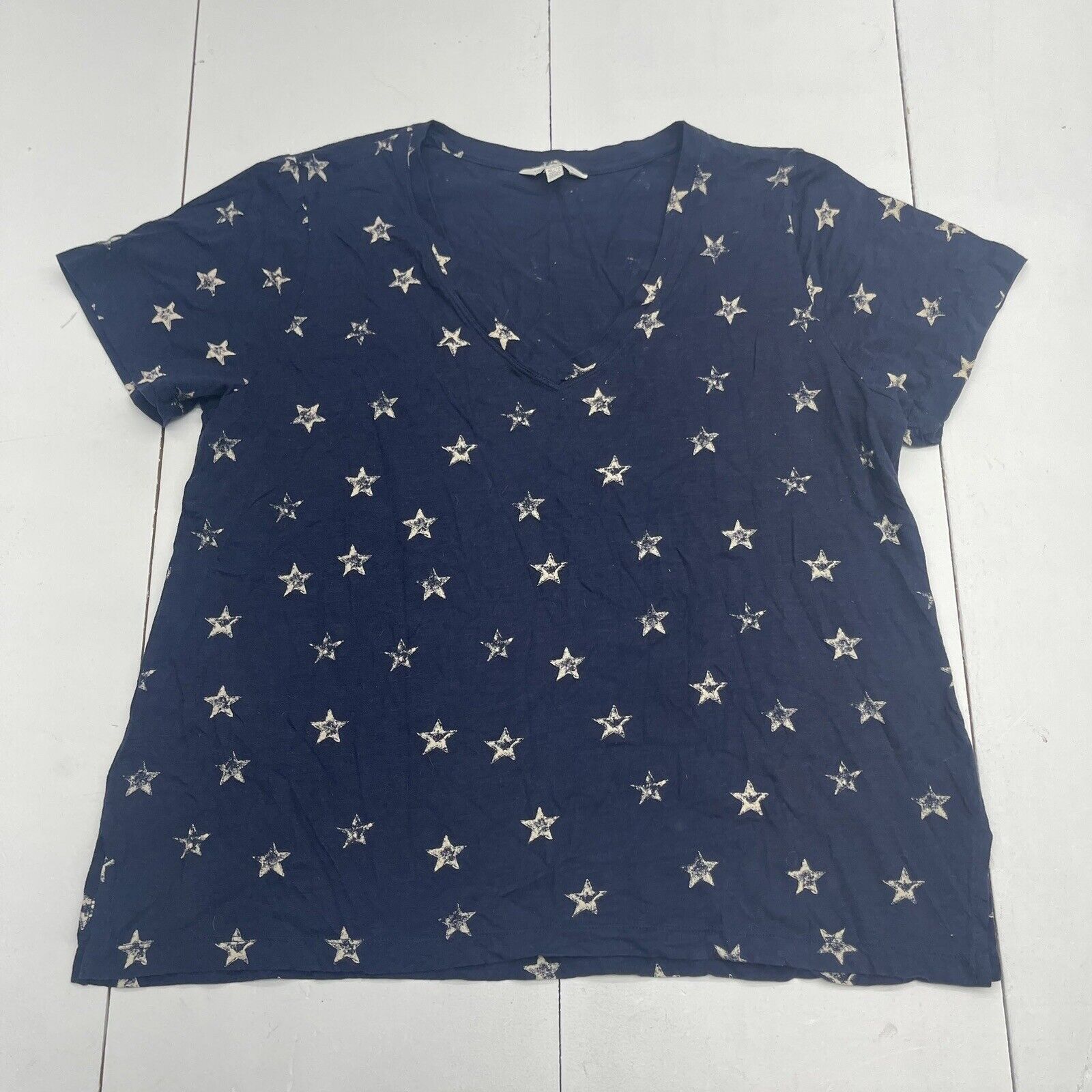 Lucky Brand Navy Blue Star Printed V Neck T Shirt Women's Size XL