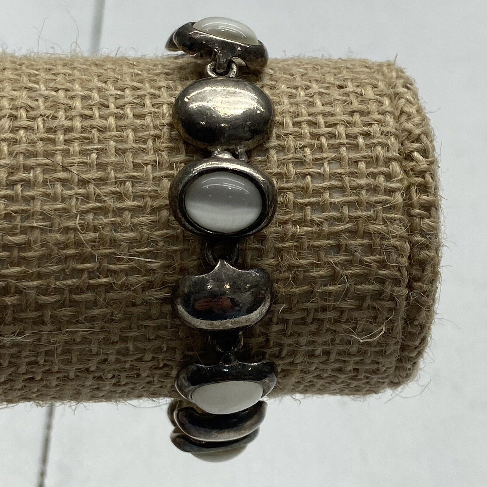 Vintage Silver Tone & Opal Link Beaded Chain Bracelet Magnetic Close