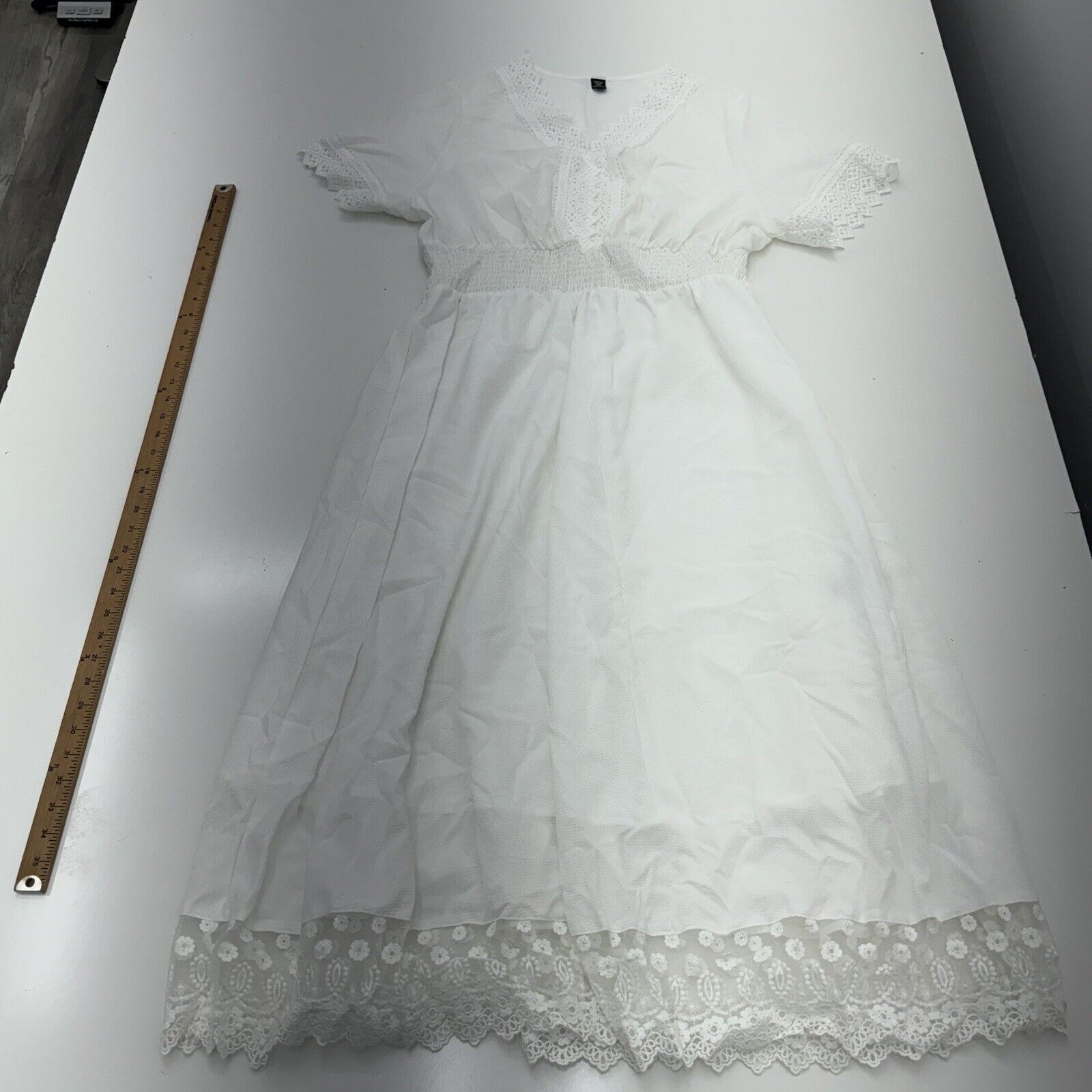 SHEIN Curve White Dress Full Length Lace Hem Detail Short Sleeve Women -  beyond exchange